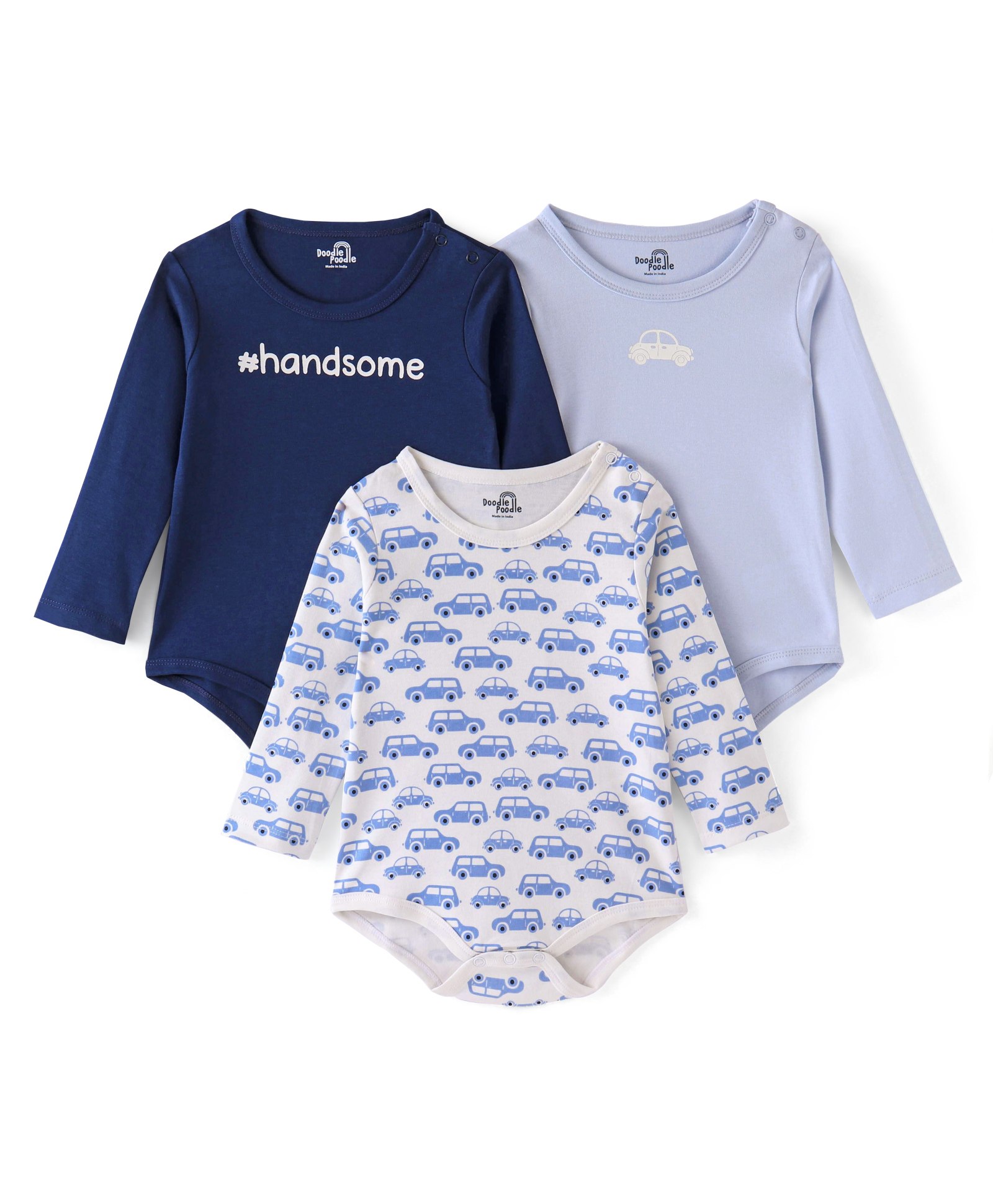 Doodle Poodle 100% Cotton Full Sleeves Car Printed Onesies Pack Of 3 - White & Blue-picture-43