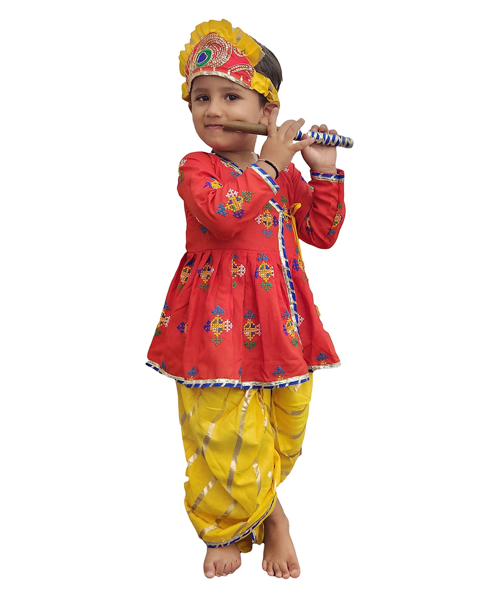 Aglare Janmashtami Theme Full Sleeves Full Sleeves Patola Embroidered & Gota Lace Embellished Readymade Kedia Set - Red & Yellow