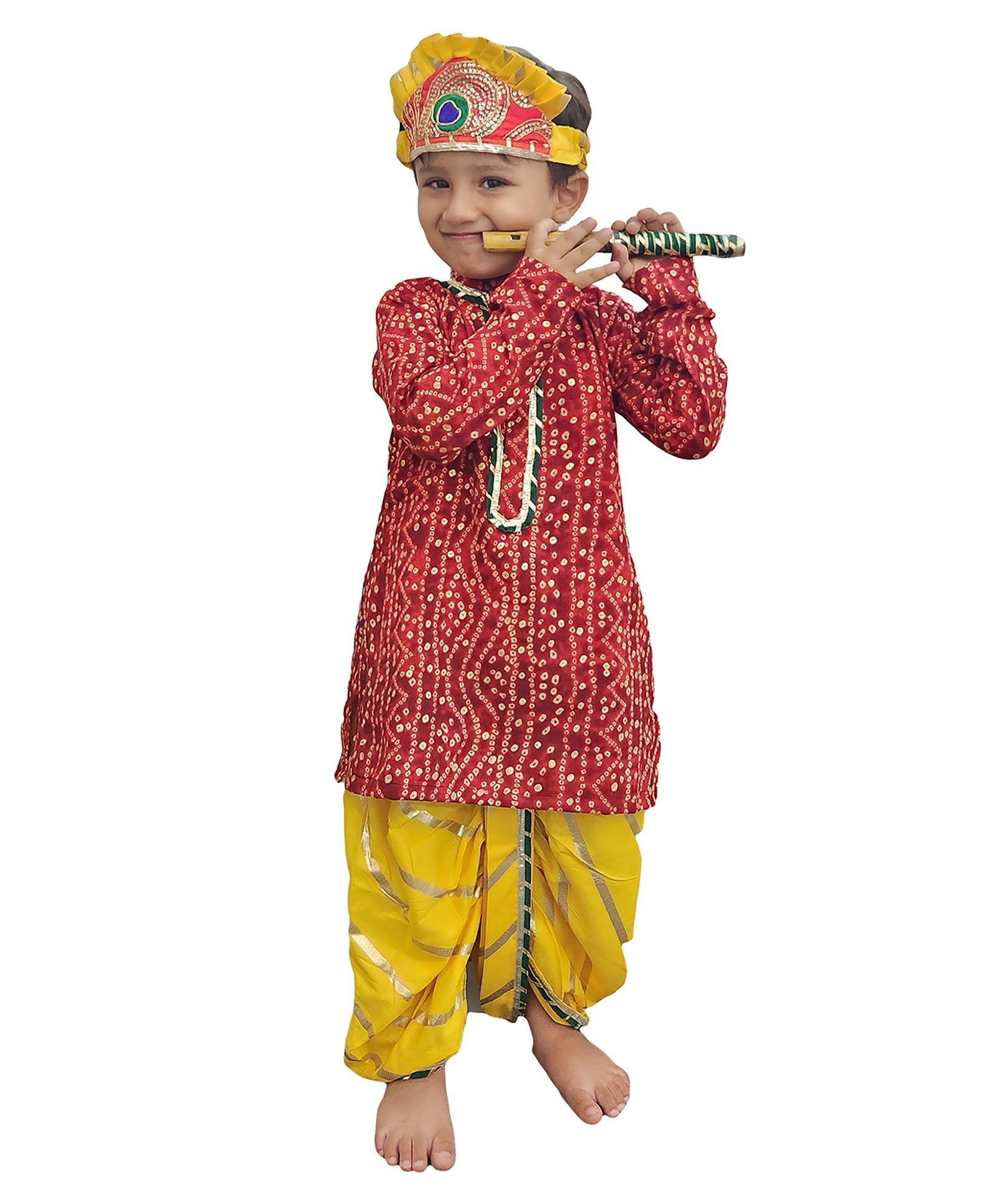 Aglare Janmashtami Theme Full Sleeves Bandhani Printed & Lace Embellished Kurta And Dhoti With Mukut & Bansuri - Red, Yellow, & Green-image-49