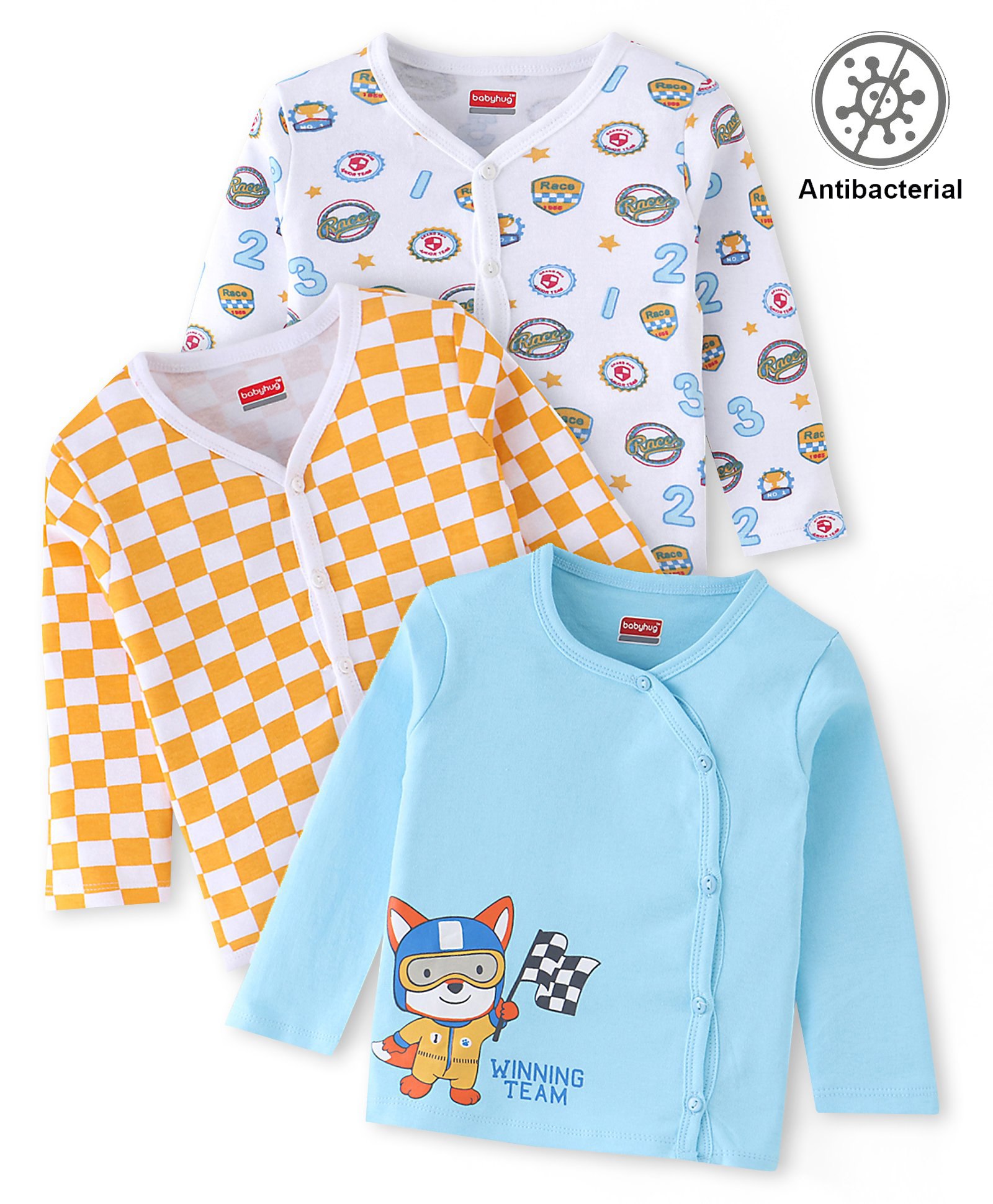Babyhug 100% Cotton Knit Antibacterial Full Sleeves Front Open Jhablas Race Print Pack of 3 - Multicolour-image-26