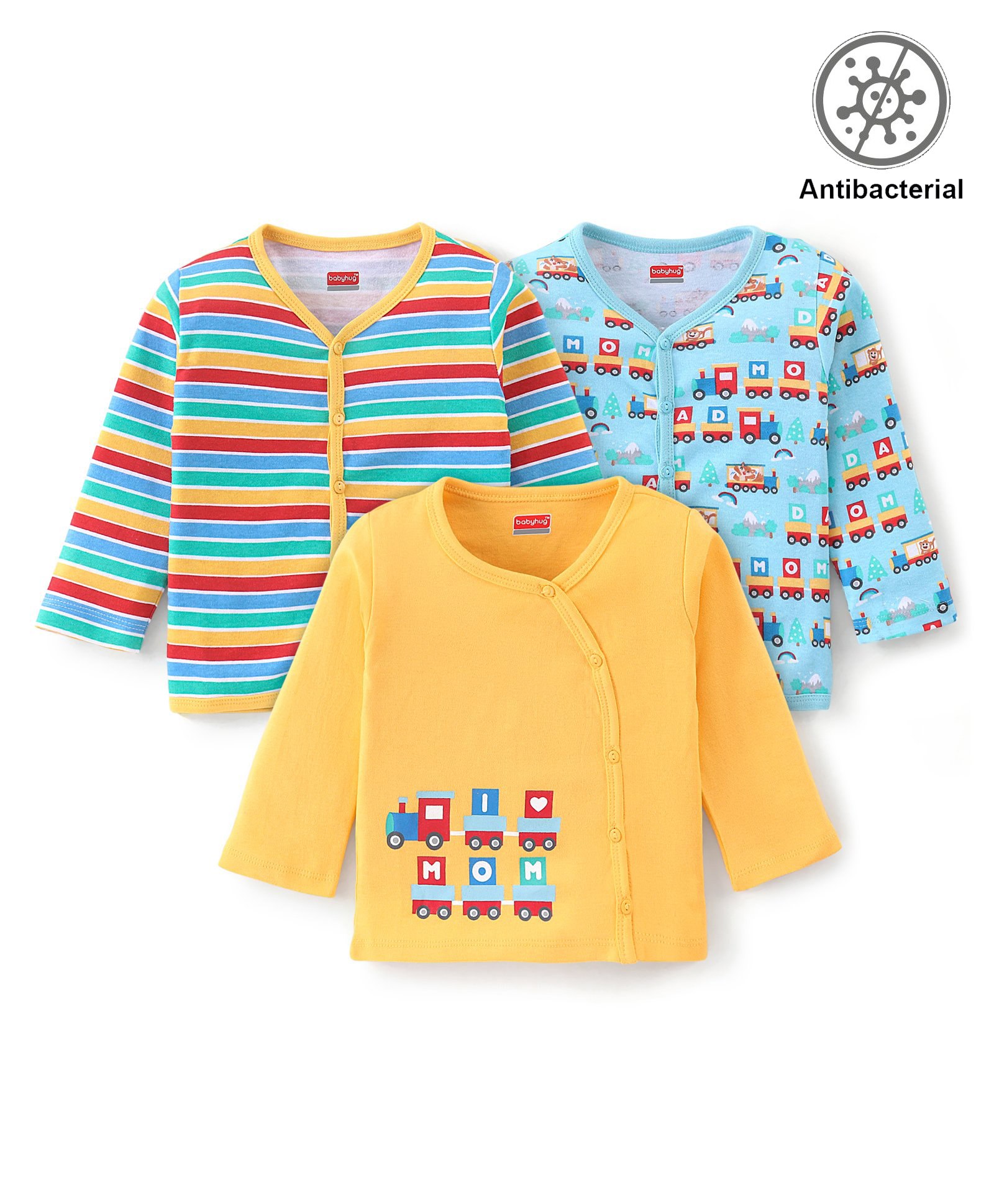 Babyhug Cotton Knit Antibacterial Full Sleeves Vests Stripes & Train Print Pack of 3 - Blue Red & Yellow-image-25