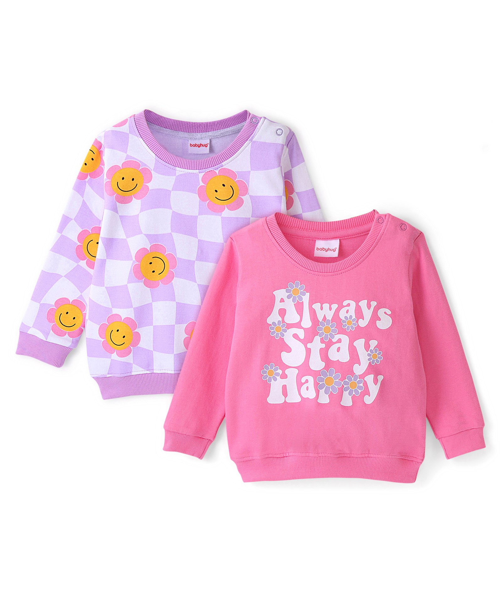 Babyhug Cotton Knit Full Sleeves Checkered Sweat Shirts with Floral & Text Print Pack of 2 - Pink & Purple-picture-18