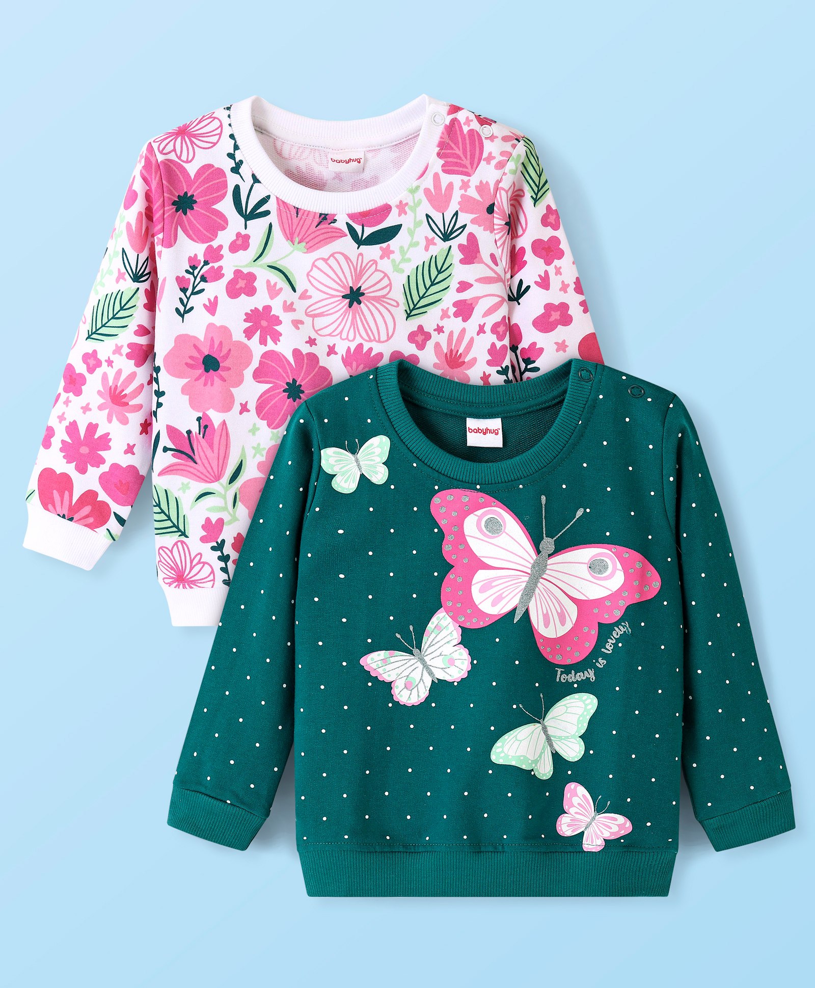 Babyhug Cotton Knit Full Sleeves Sweatshirts with Floral & Butterflies Print Pack of 2 - Pink & Green-picture-37