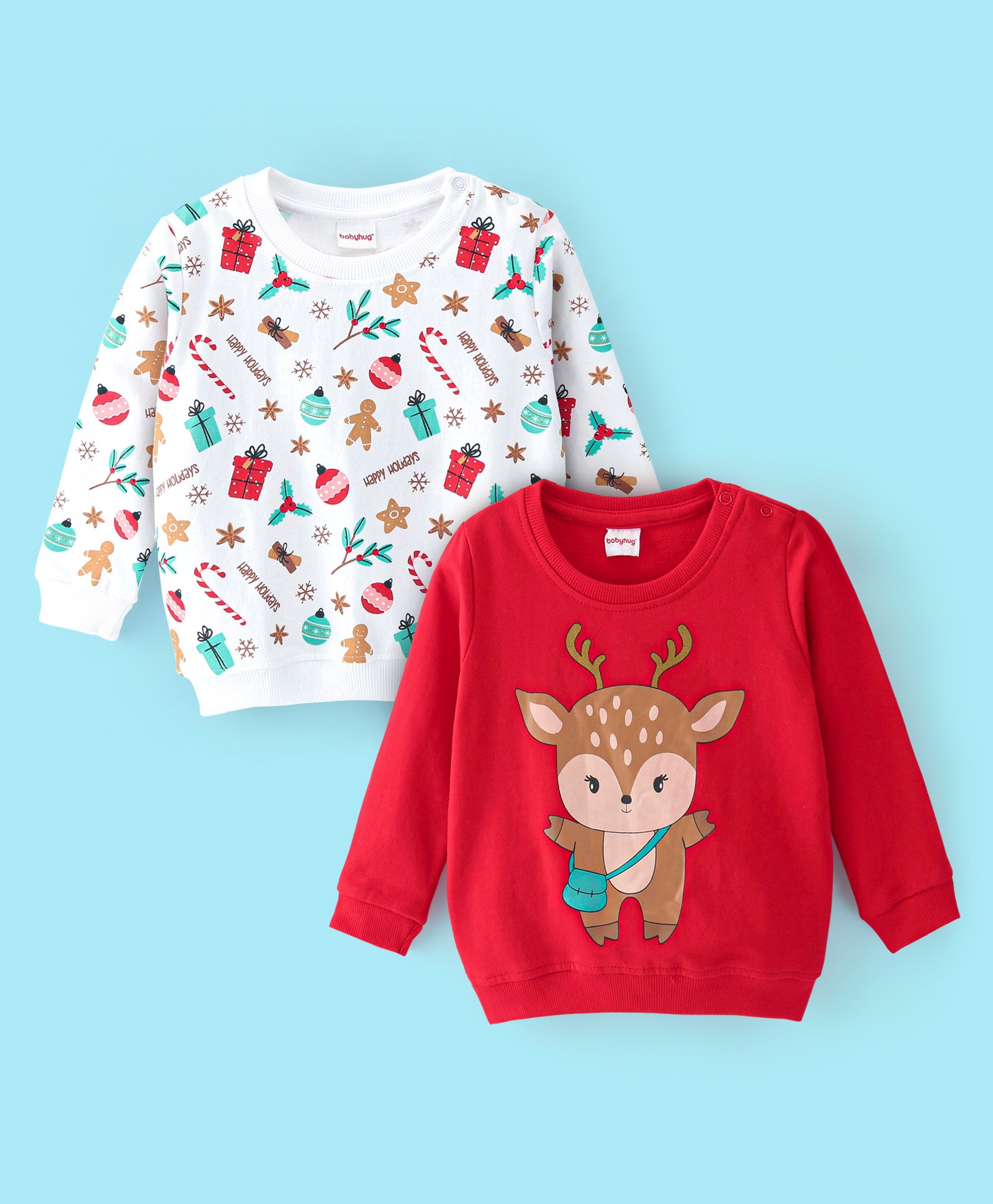 Babyhug 100% Cotton Knit Full Sleeves Sweatshirt with Graphics Pack of 2 - White & Red-image-1