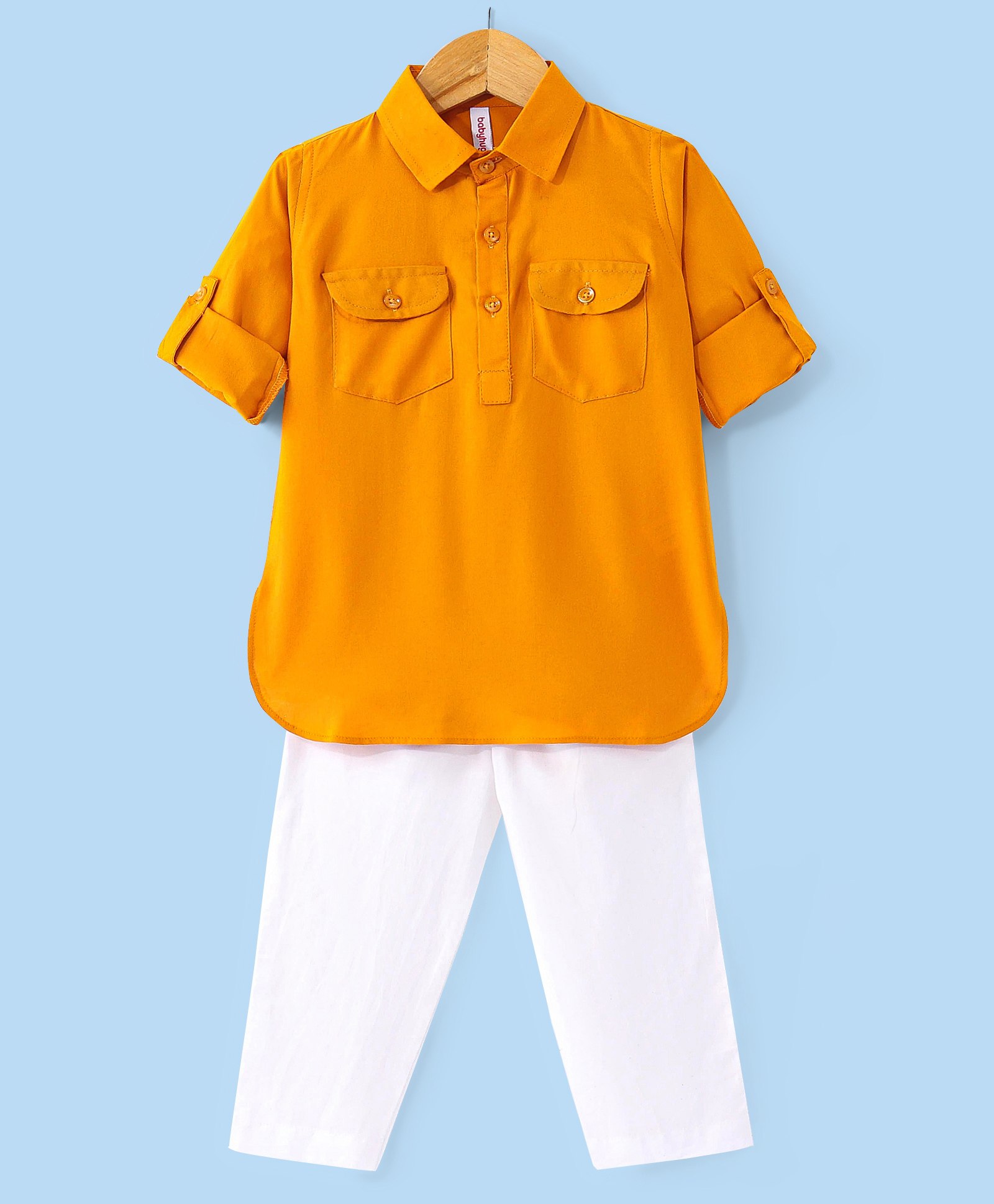 Babyhug Full Sleeves Solid Pathani Kurta & Pyjama Set - Yellow-image-9