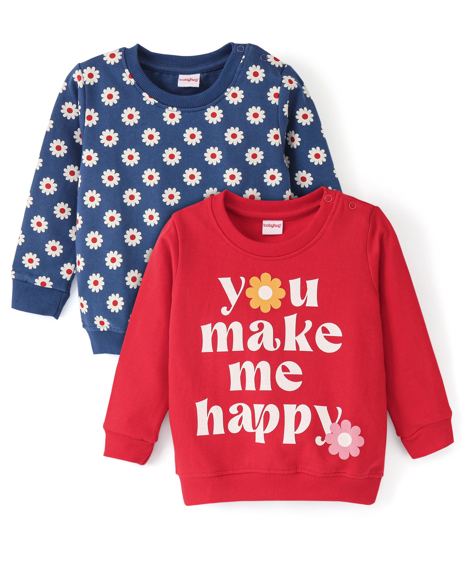 Babyhug 100% Cotton Knit Full Sleeves Floral Graphics Sweatshirts Pack of 2 - Red & Blue-image-49
