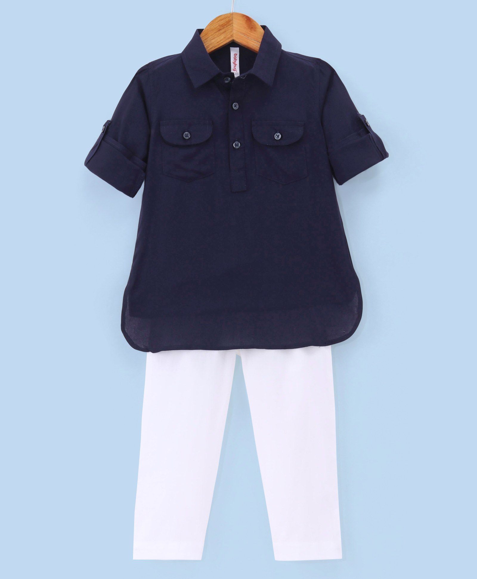 Babyhug Full Sleeves Solid Pathani Kurta & Pyjama Set - Navy Blue-image-25