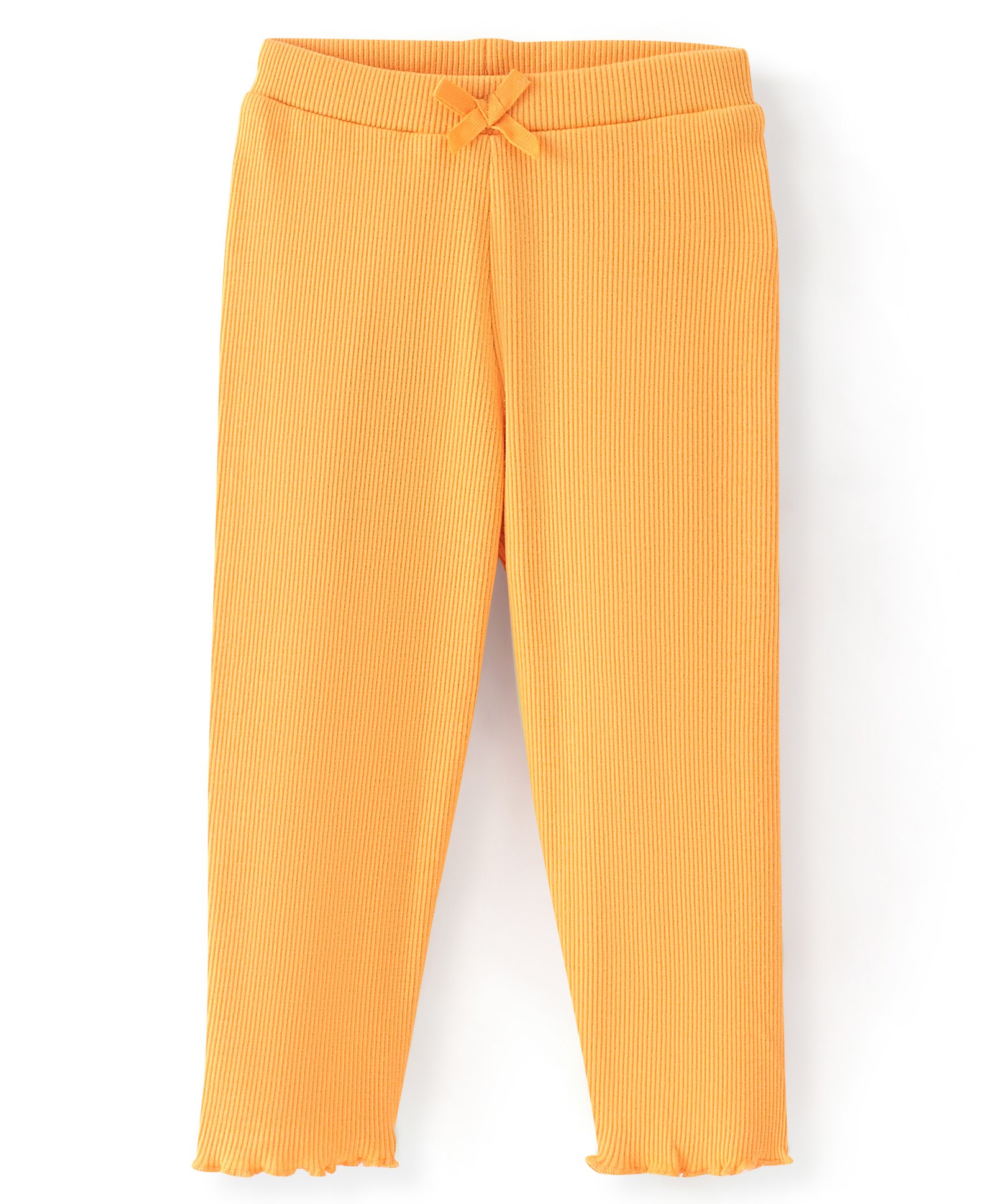 Babyhug Cotton Lycra Full Length Solid Rib Legging with Bow-Yellow-picture-38