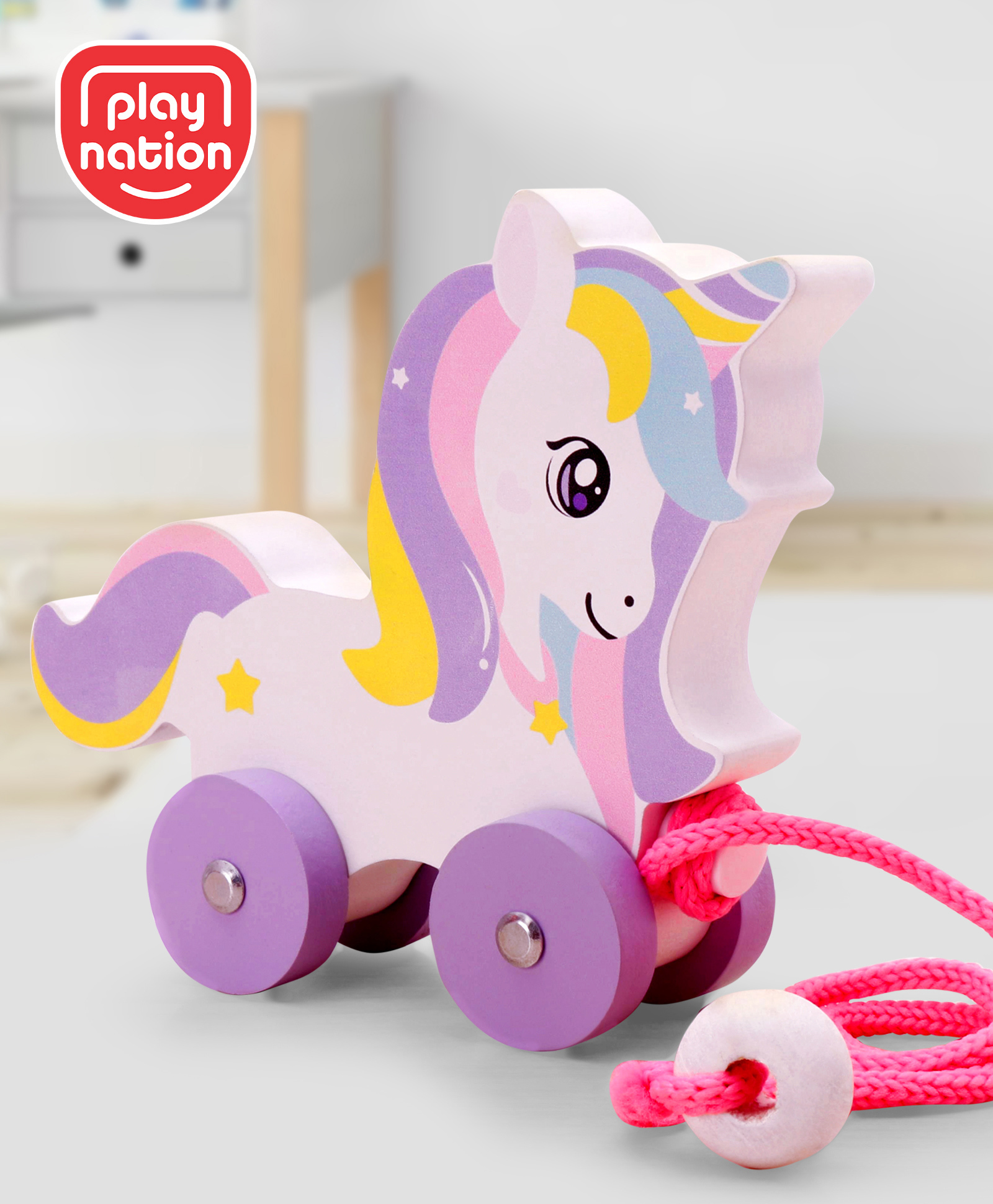 Play Nation Unicorn Wooden Pull Along Toy- Multicolor