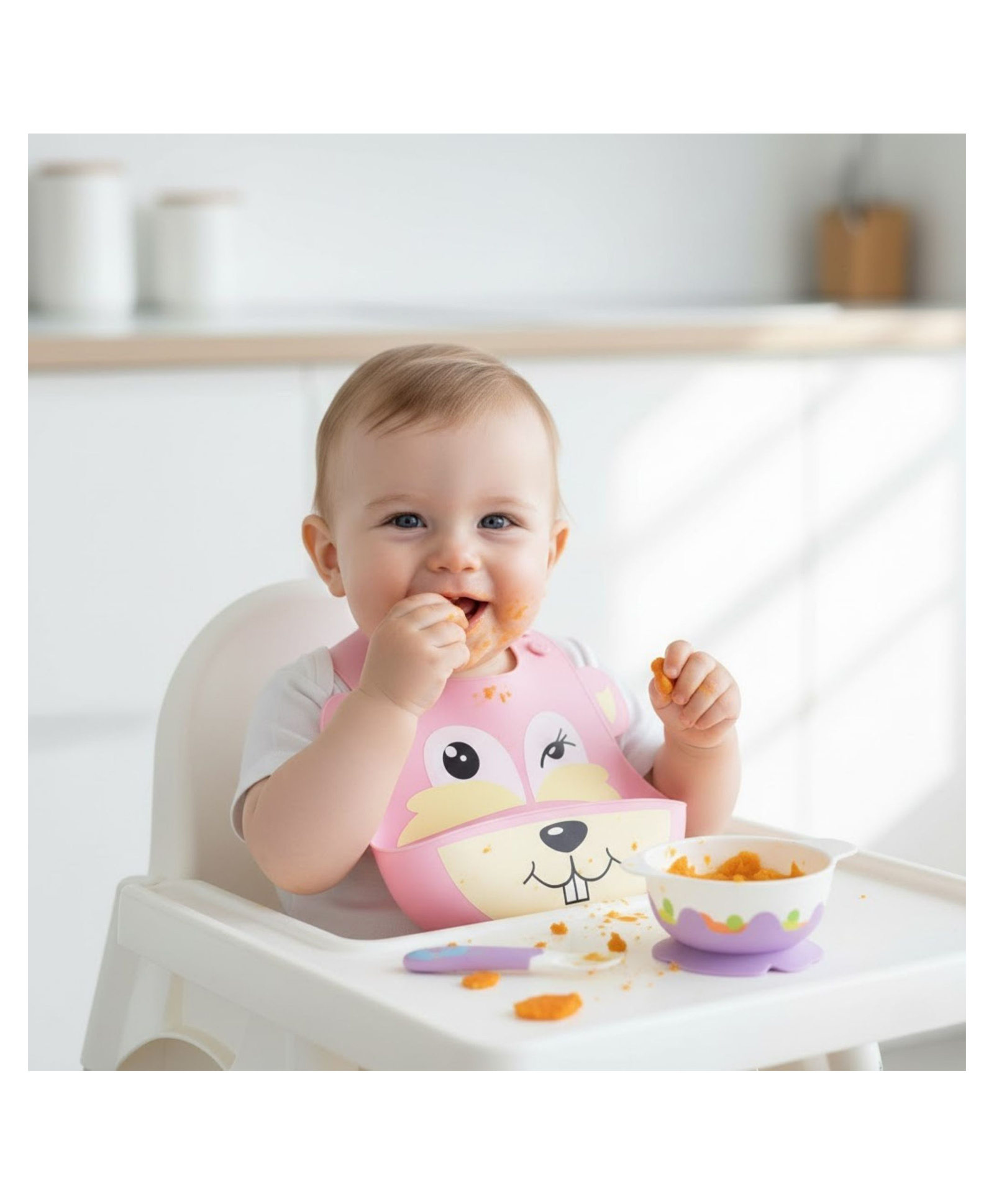 Bembika Baby Feeding Essential Baby Feeding Bib Silicone Tableware Squirrel Print- Pink-picture-14
