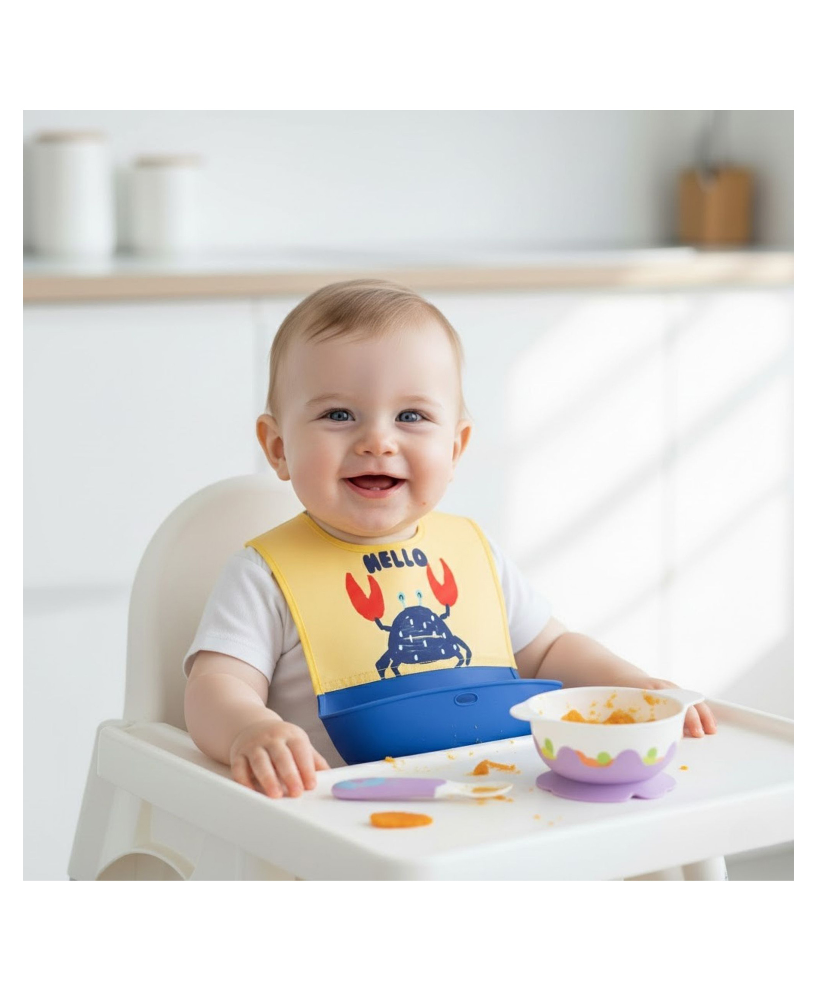 Bembika Baby Feeding Essential Baby Feeding Bib Silicone Tableware Crab Print- Yellow-picture-12