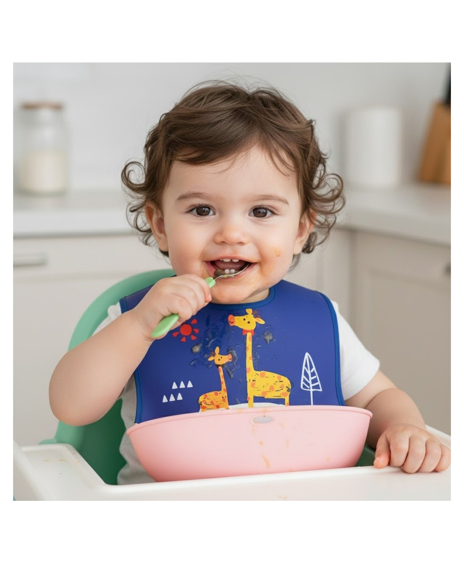 Bembika Baby Feeding Essential Baby Feeding Bib Silicone Tableware Giraffe  Print- Blue-image-6