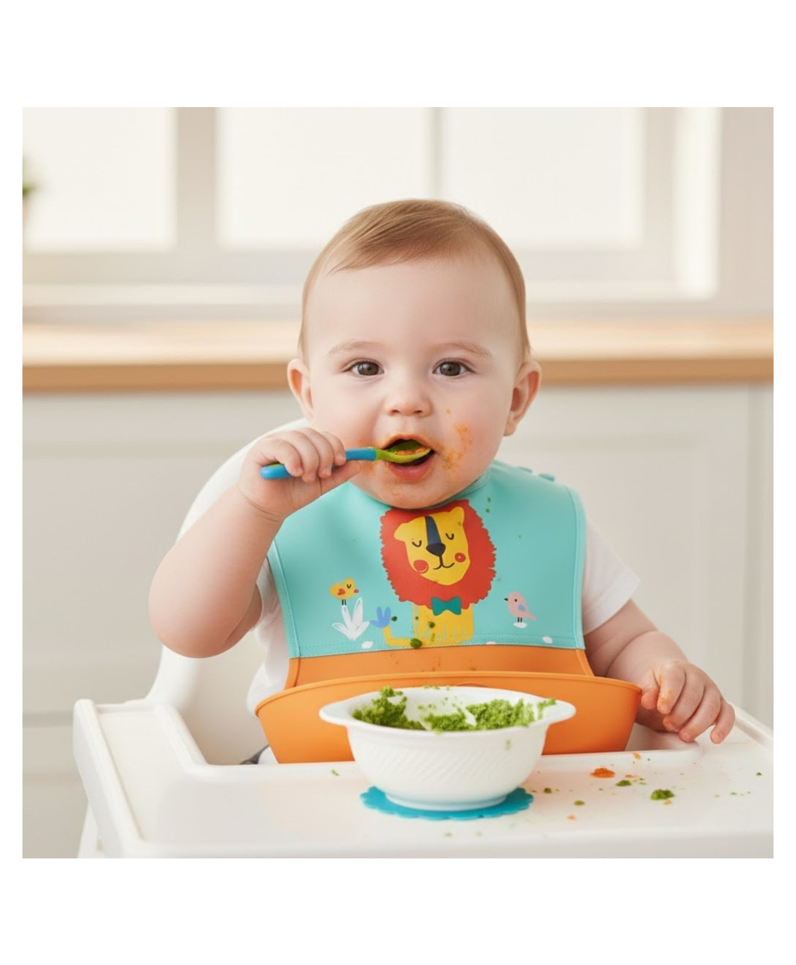 Bembika Baby Feeding Essential Baby Feeding Bib Silicone Tableware Lion Print- Sky Blue-image-10