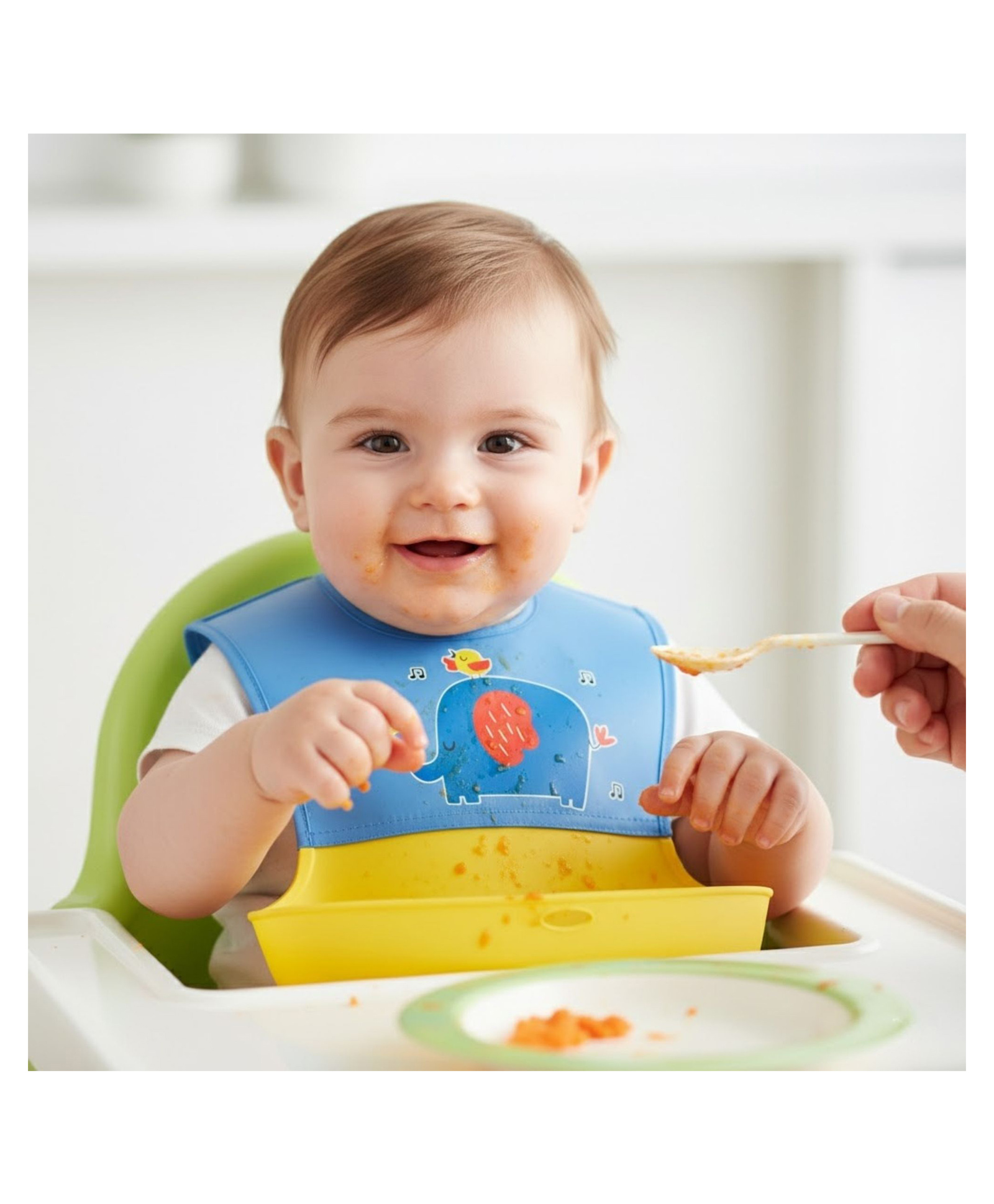Bembika Baby Feeding Essential Baby Feeding Bib Silicone Tableware Elephant Print- Blue-image-5