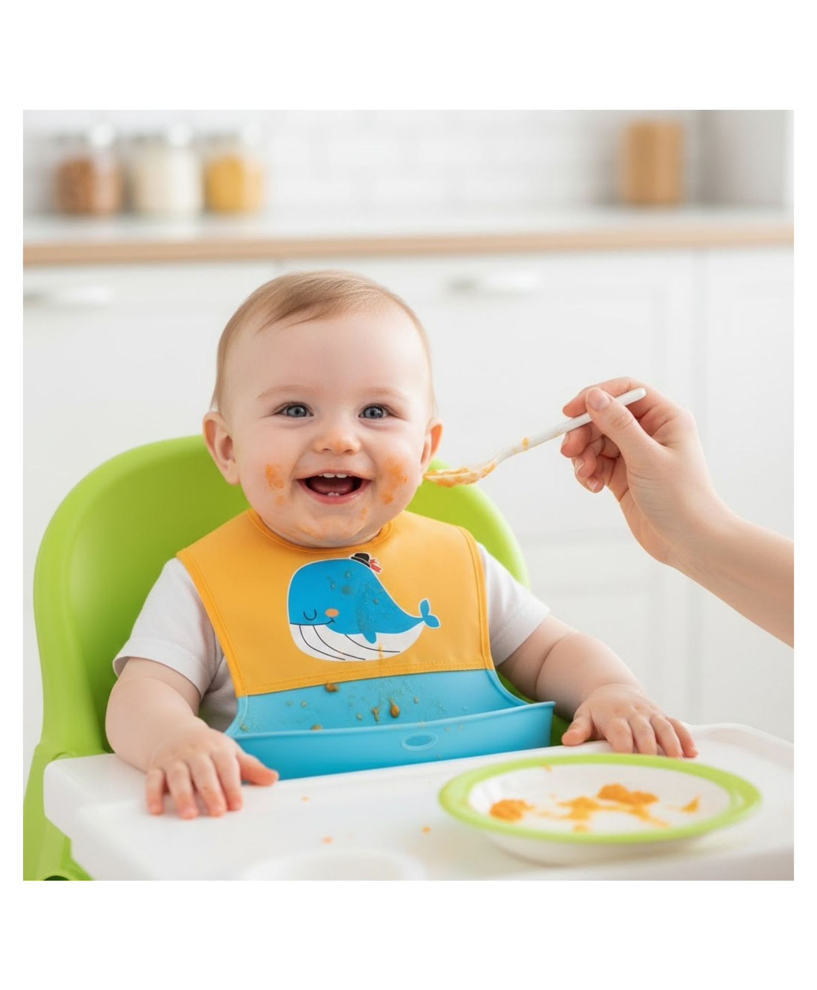 Bembika Baby Feeding Essential Baby Feeding Bib Silicone Tableware Whale Print- Yellow-image-25