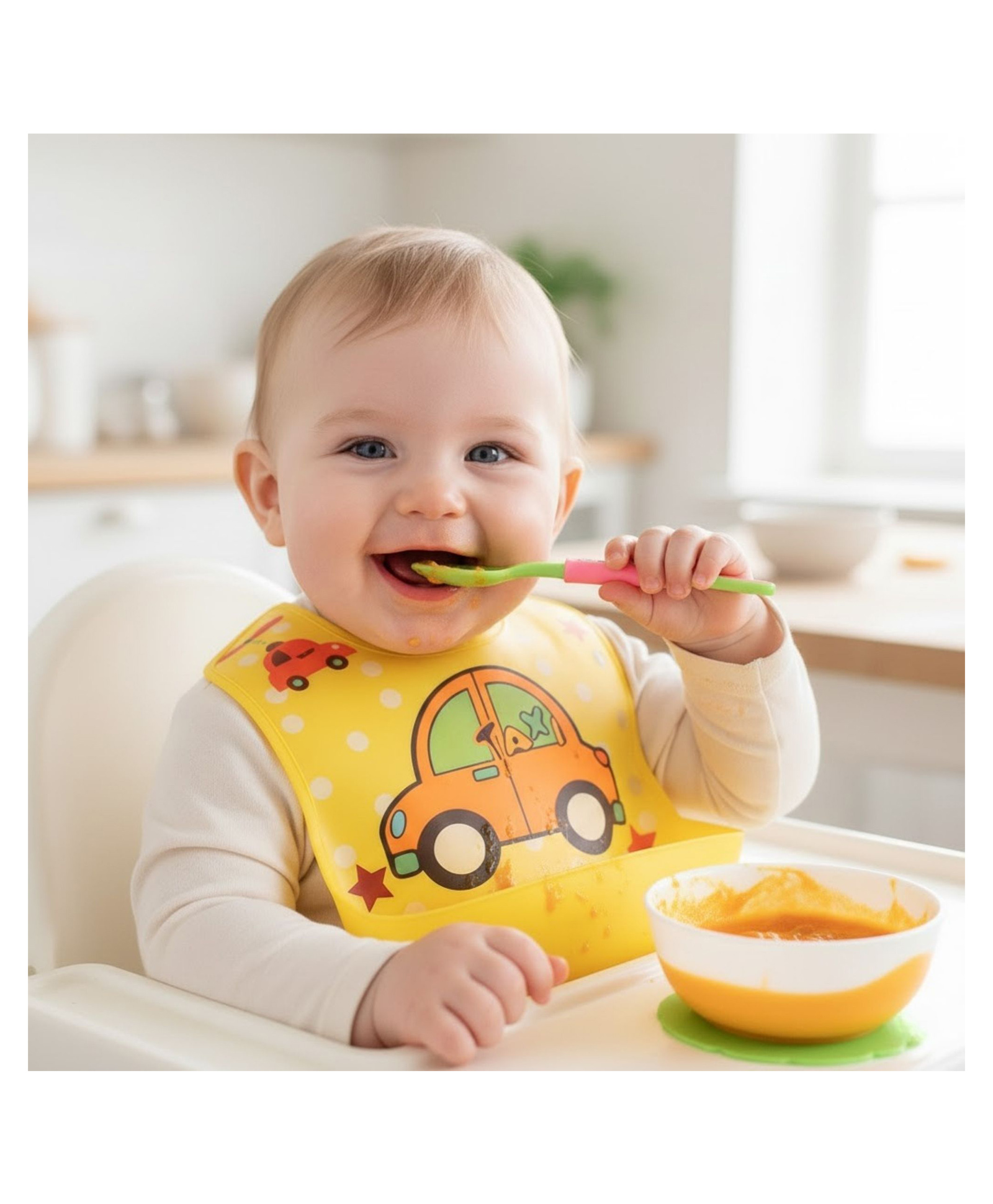 Bembika Baby Feeding Essential Baby Feeding Bib Silicone Tableware Car Print- Yellow-image-26