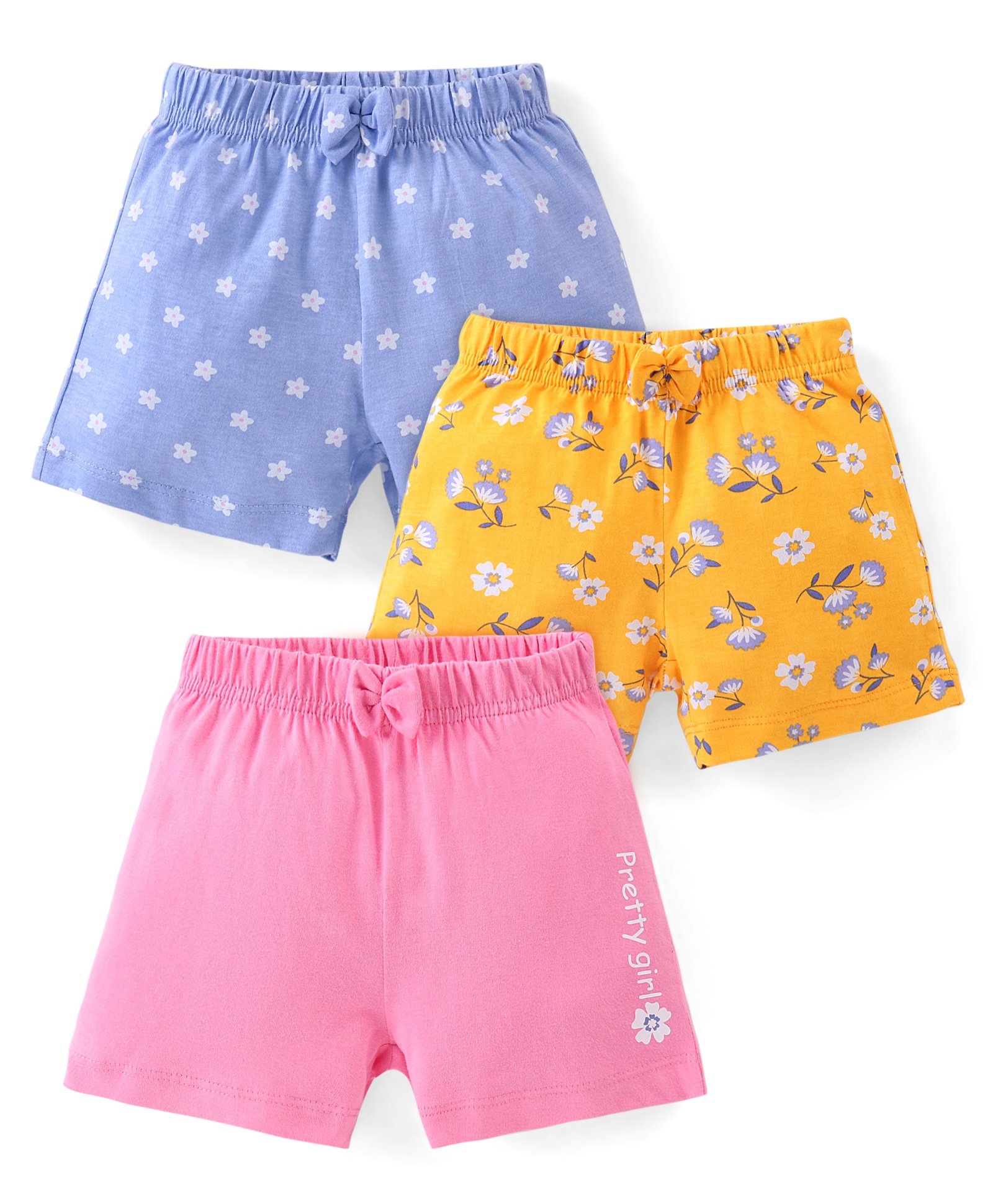 Babyhug Cotton Knit Shorts Floral Print Pack of 3 - Blue Yellow & Pink-image-6