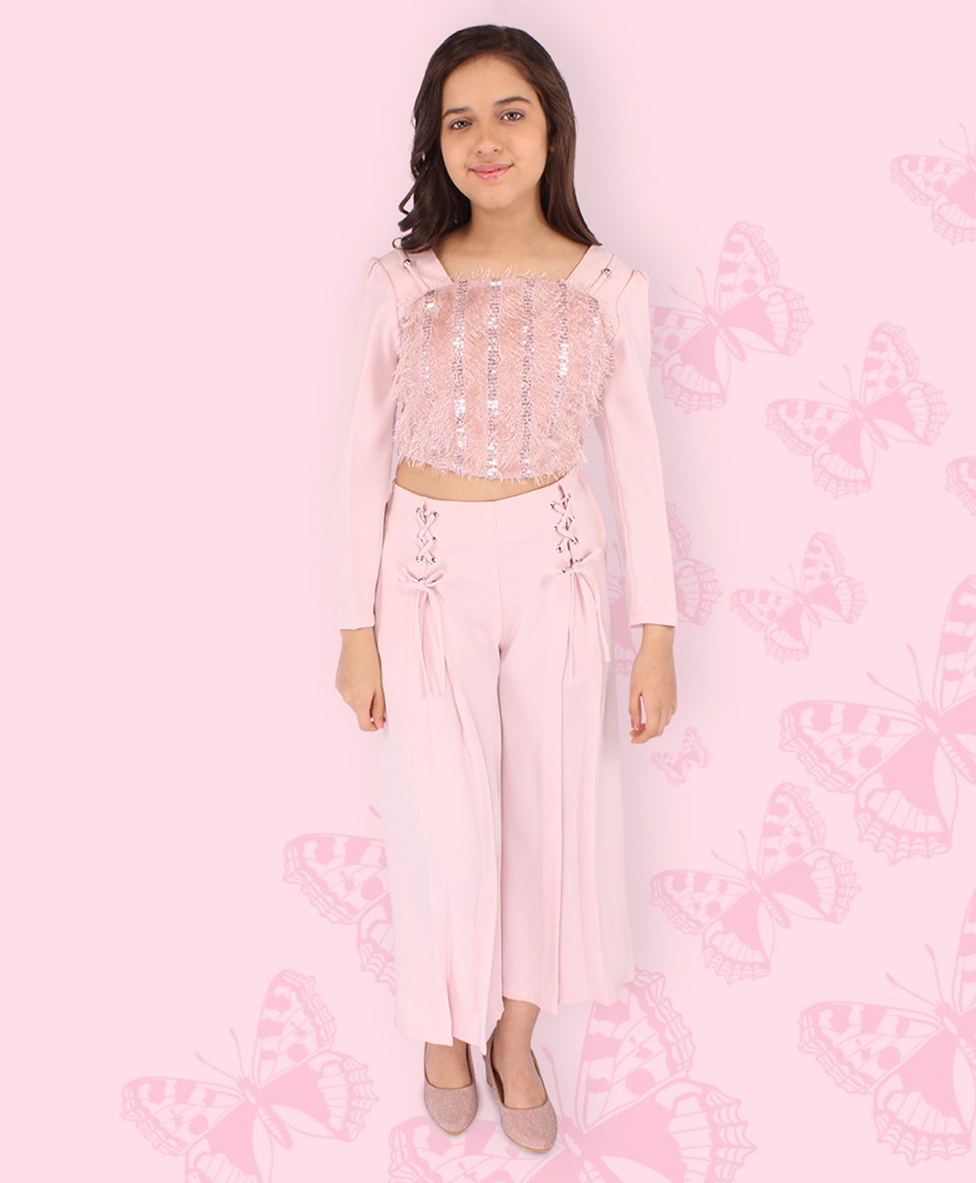 Cutecumber Full Sleeves Sequin & Fur Embellished Crop Top With Pleated Culottes - Pink-image-1