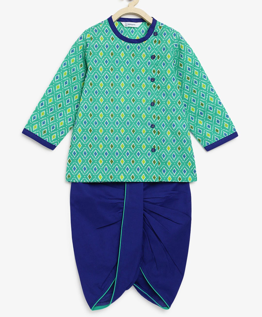Campana 100% Cotton Full Sleeves Seamless Geometric Design Printed Dhoti With Kurta - Blue-picture-31