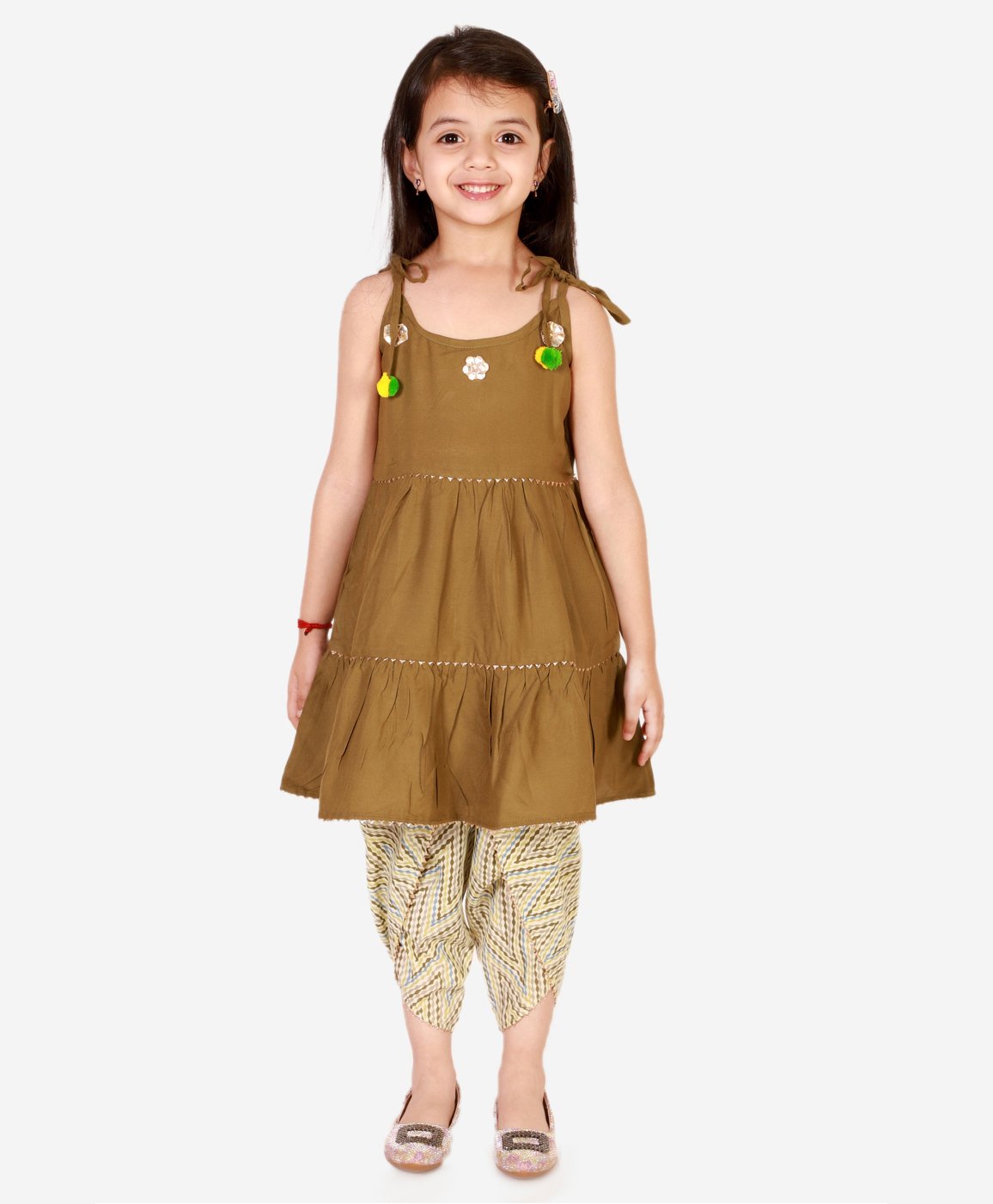 Superminis Pure Cotton Sleeveless Gota Flower Embellished Tiered Kurta With Geometric Designed Dhoti - Olive Green-picture-36