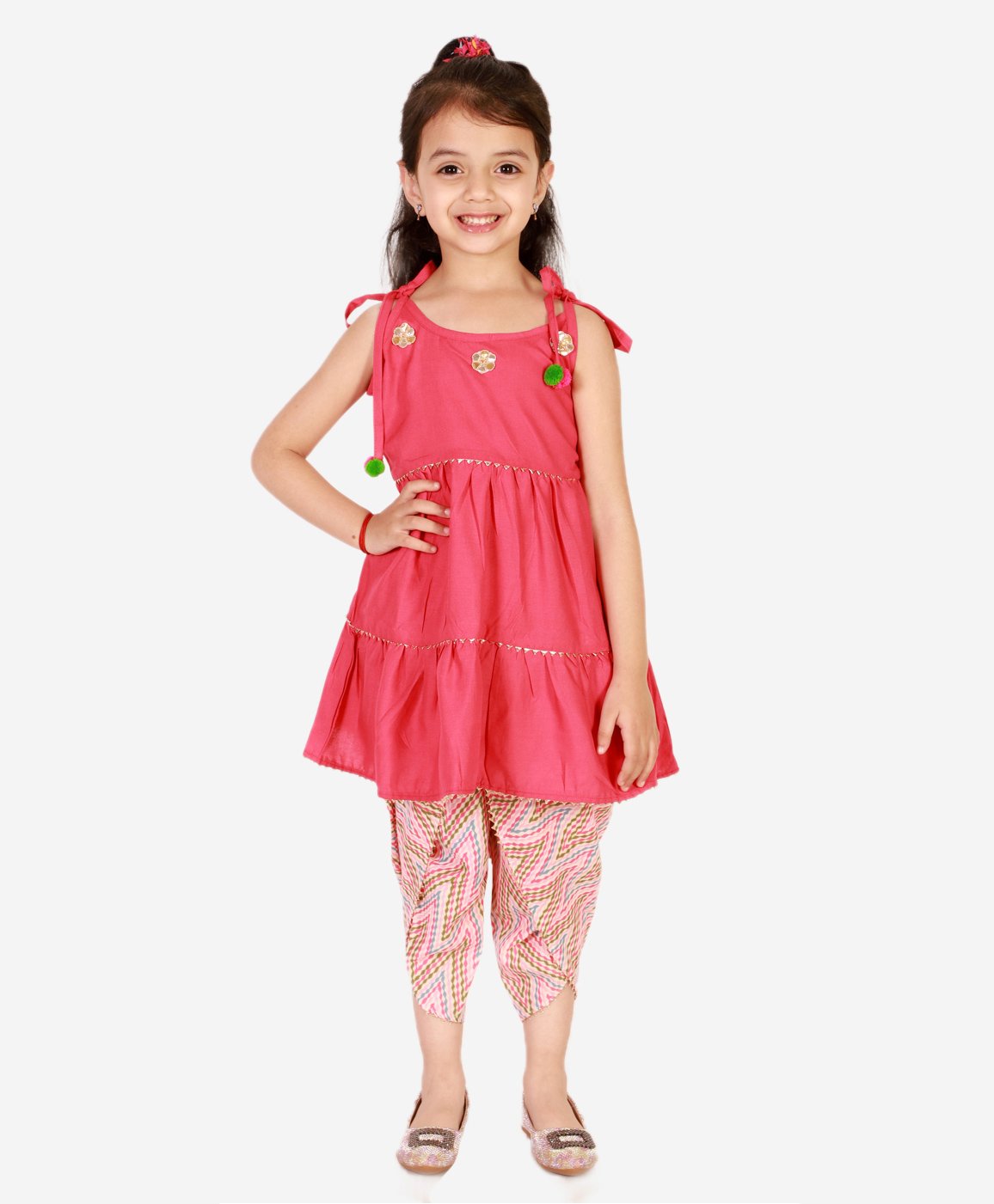 Superminis Pure Cotton Sleeveless Gota Flower Embellished Tiered Kurta With Geometric Designed Dhoti - Pink-image-41