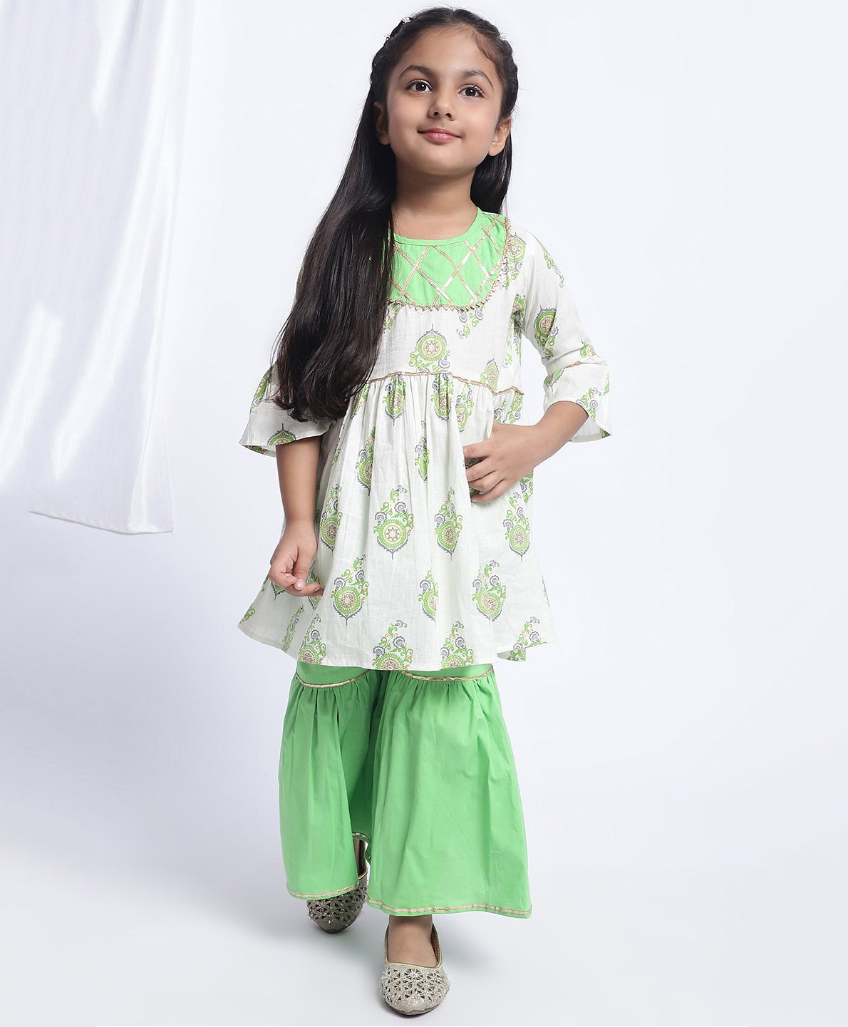 Superminis Pure Cotton Three Fourth Sleeves All Over Ethnic Motif Printed & Gota Lace Embellished Kurta With Sharara - Green-picture-12