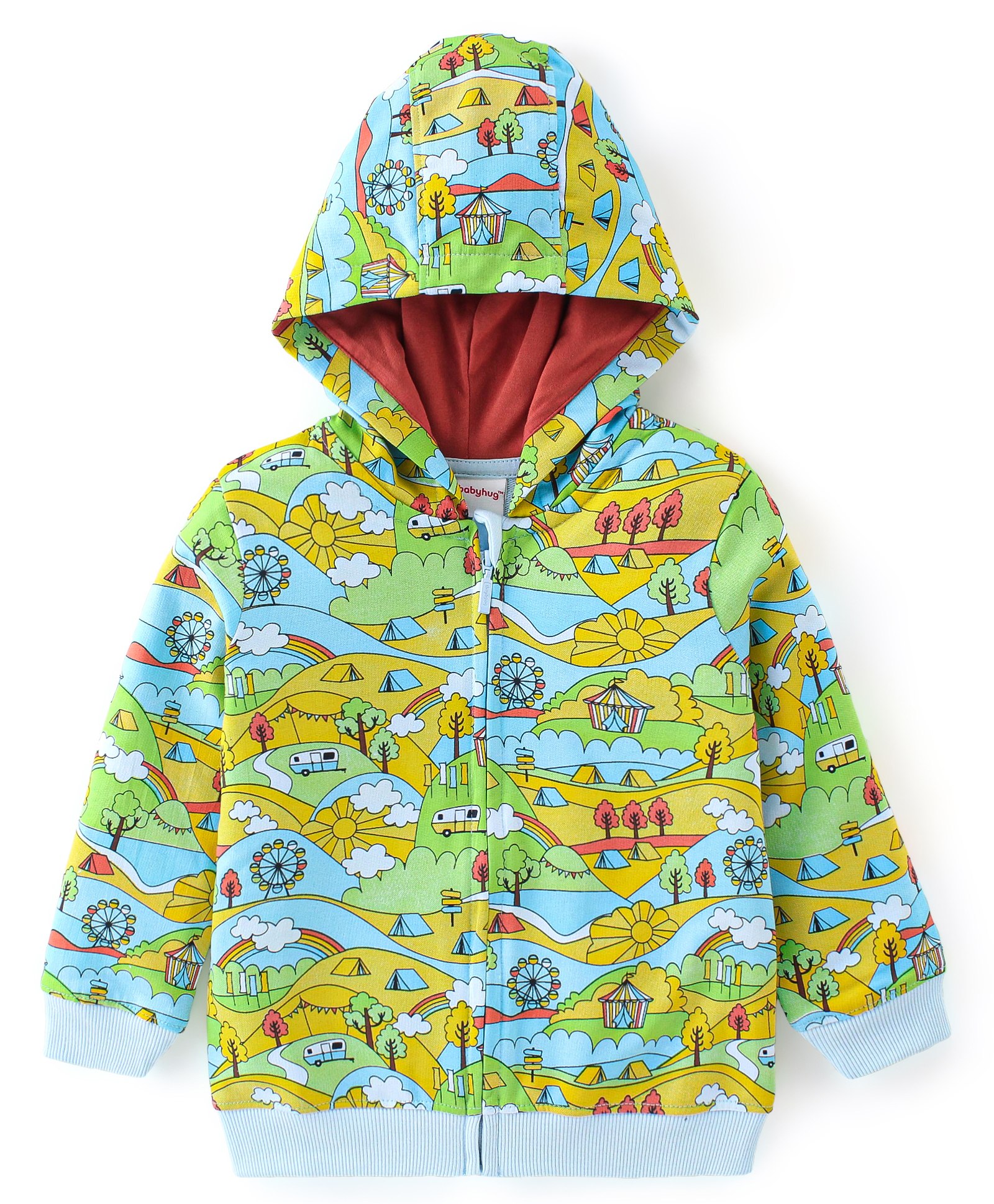 Babyhug Cotton Knit Full Sleeves Camping Printed with Front Zipper & Hooded SweatJacket - Blue & Green-picture-25