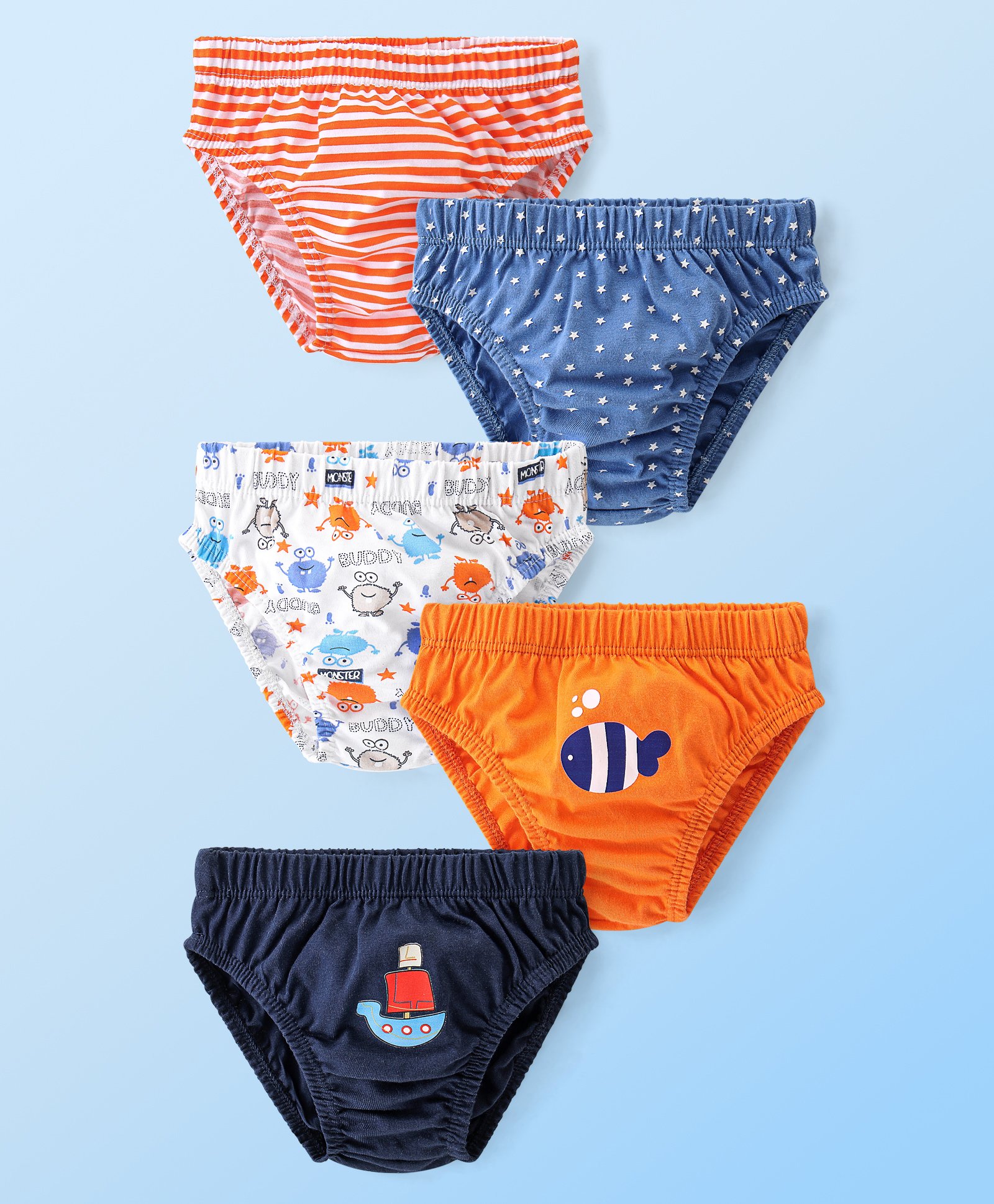 Babyhug 100% Cotton Knit Briefs Fish Print Pack of 5 - Multicolor-image-5