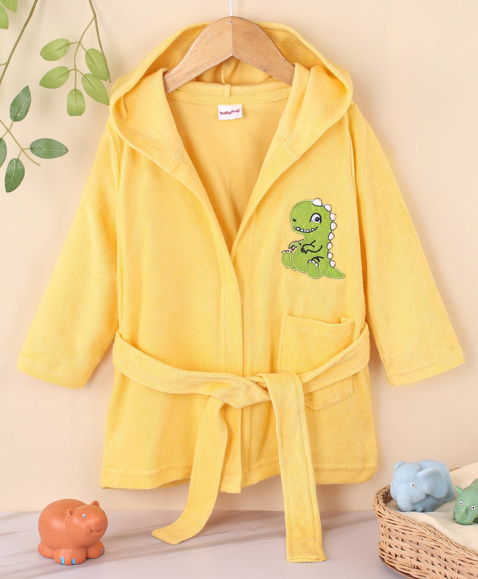 Babyhug Cotton Terry Knit Full Sleeves Hooded Bath Robe Dino Embroidery - Yellow-image-39