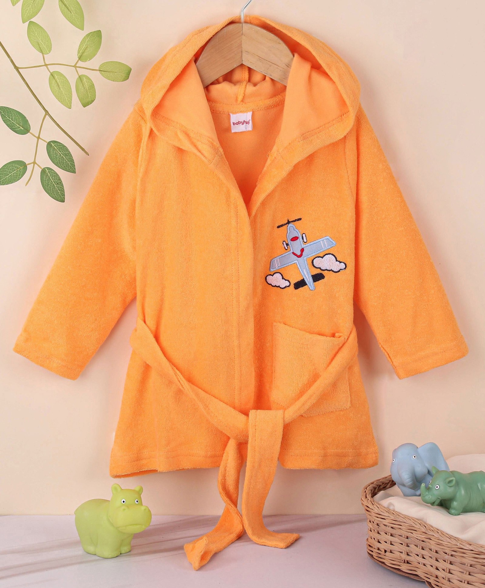 Babyhug Terry Knit Full Sleeves Hooded Bath Robe Airplane Design - Yellow-image-44