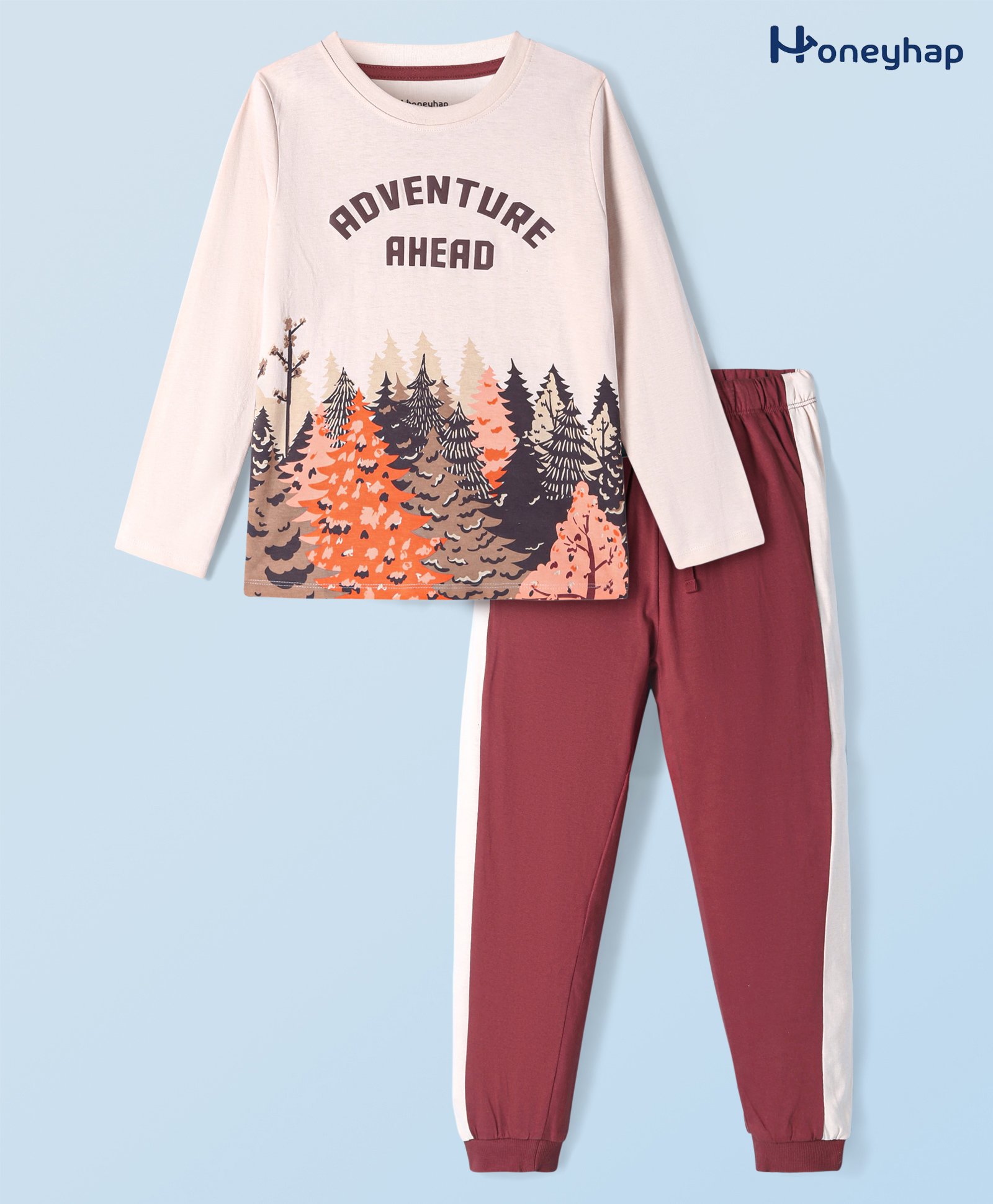Honeyhap Premium Cotton Full Sleeves Trees Printed Bio Finished Night Suit - Ecru Melange & Fired Brick-image-3