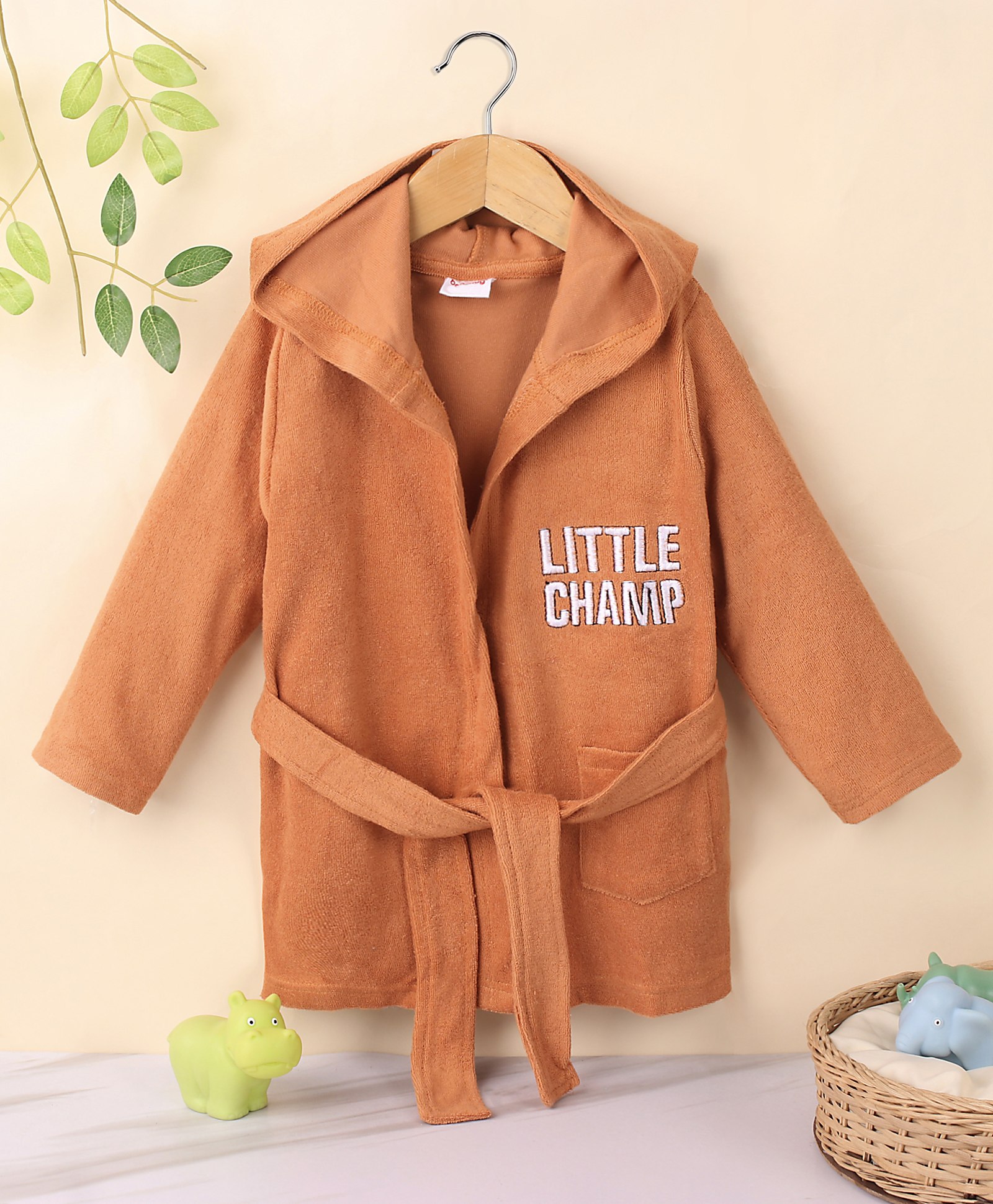 Babyhug Terry Knit Full Sleeves Hooded Bath Robe Text Design - Brown-image-20