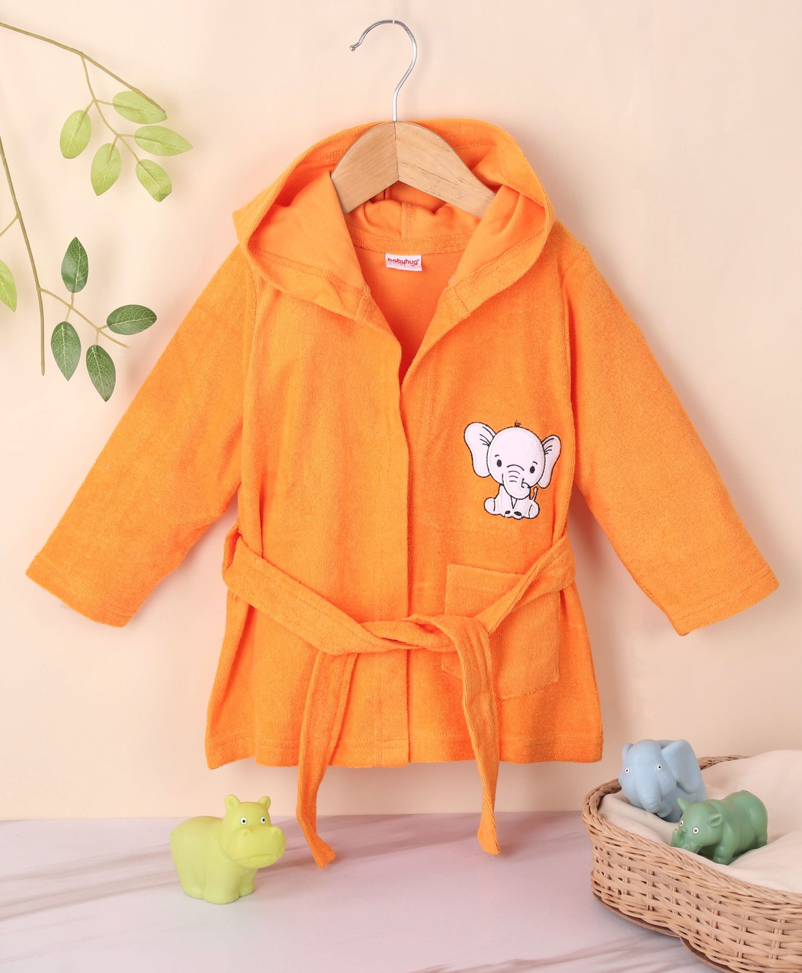 Babyhug Full Sleeves Bath Robe with Hood Elephant Patch - Orange-image-0