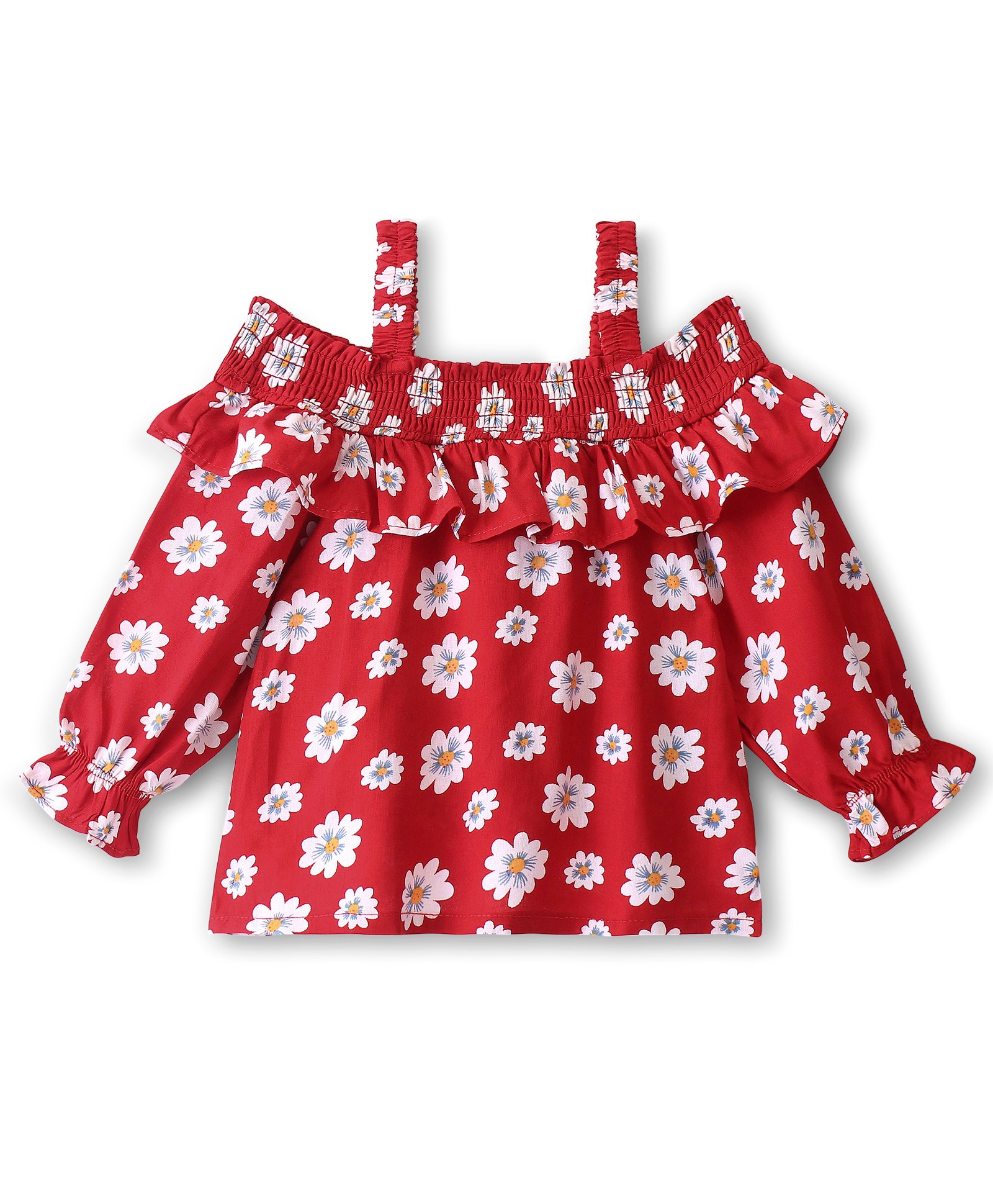 Babyhug Rayon Woven Off Shoulder Full Sleeves Floral Printed & Frill Detailing Top - Red-image-3