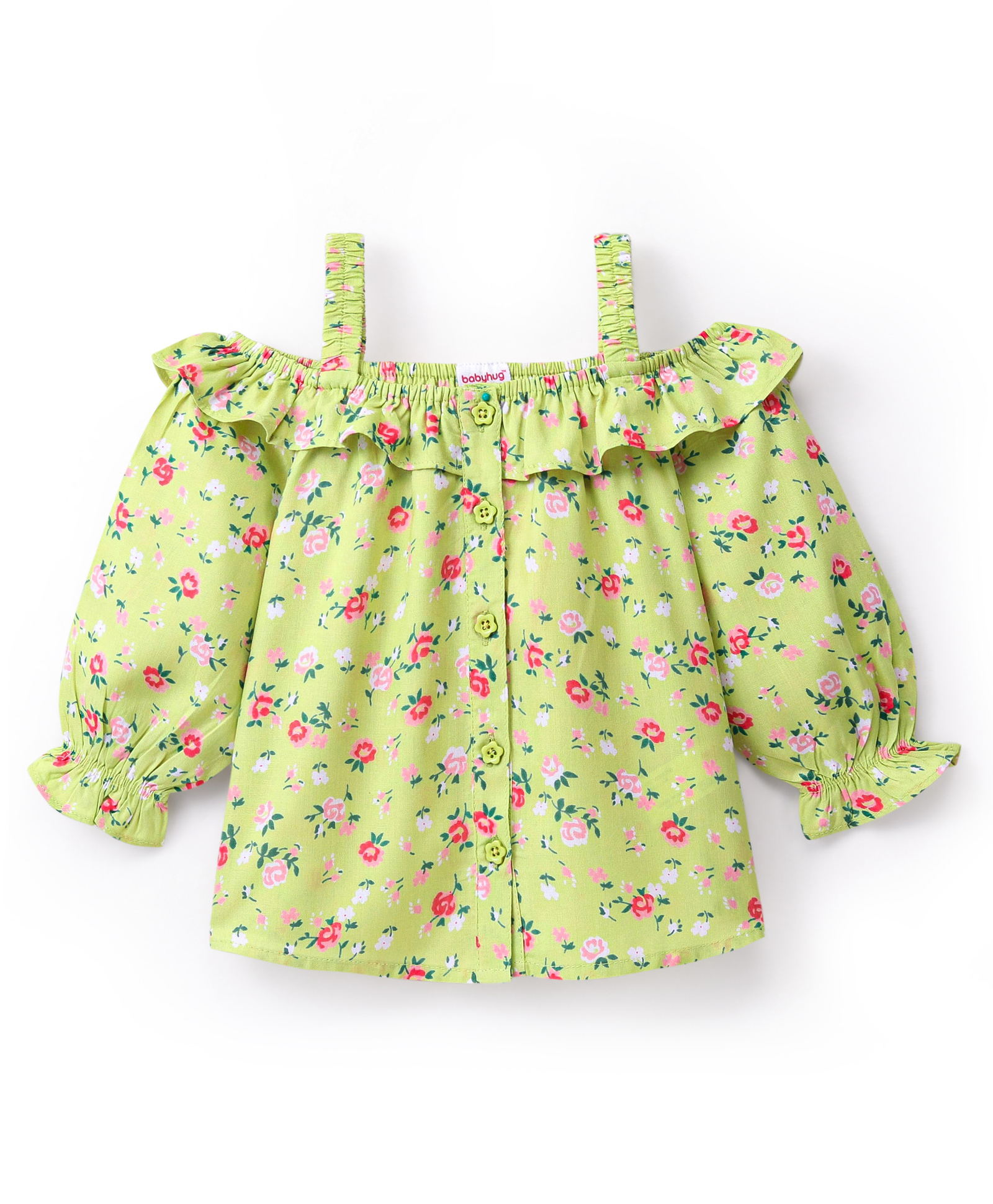 Babyhug 100% Rayon Cold Shoulder Sleeves Front Open Top With Frill Detailing Floral Print- Lime Green-image-41