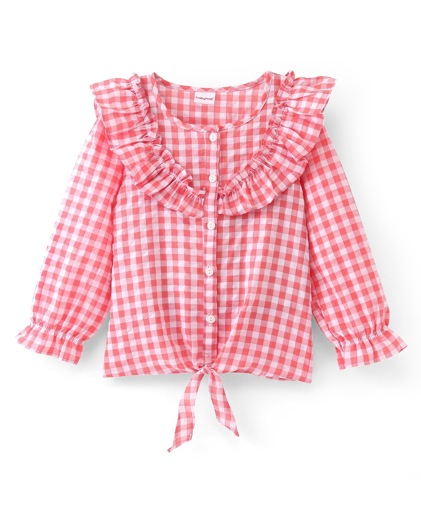 Babyhug Seer Sucker Full Sleeves Frill Detailing Checks Top - Light Pink-image-49