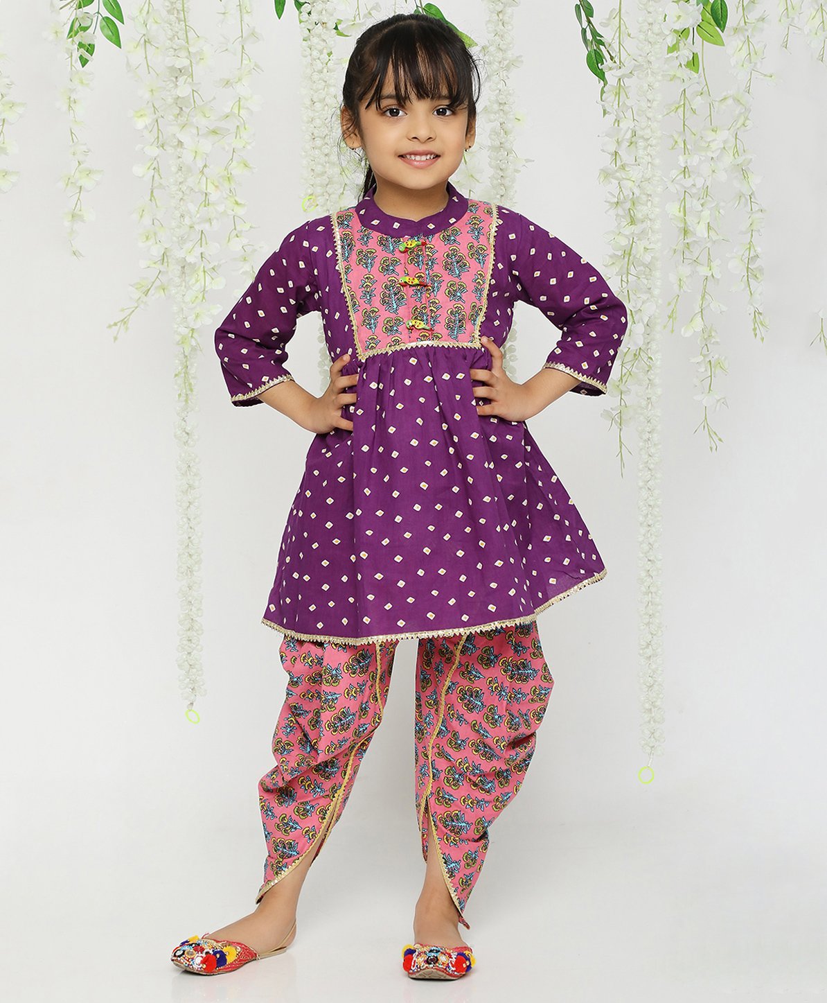 KID1 Three Fourth Sleeves Bandhej Designed Kurta With Coordinating Jaipuri Flower Printed Overlapped Dhoti - Purple & Pink-picture-26