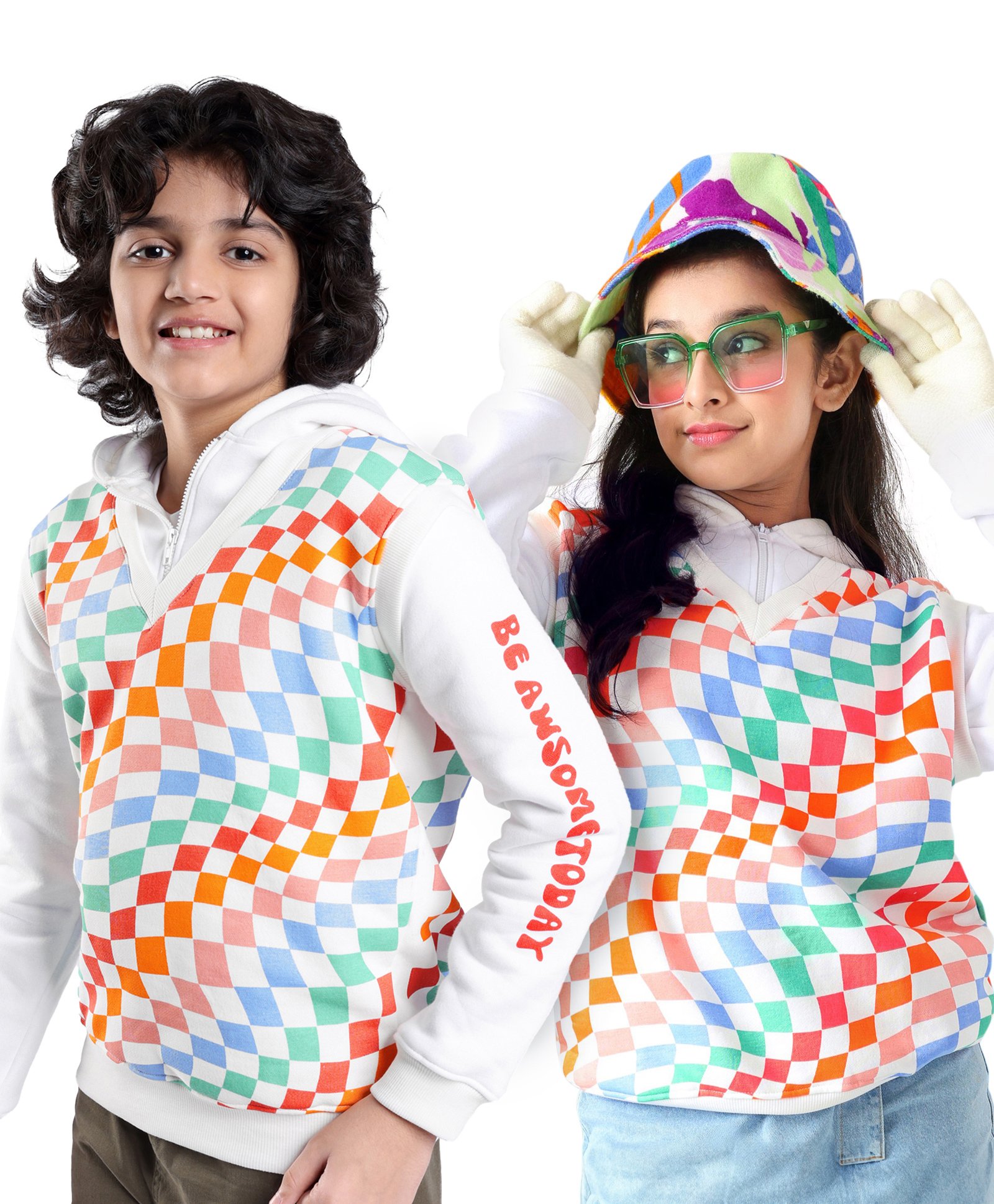 arias by lara dutta Arias Cotton Brushed Knit Full Sleeves Hooded Sweatshirts With Checks Print - Offwhite-picture-19