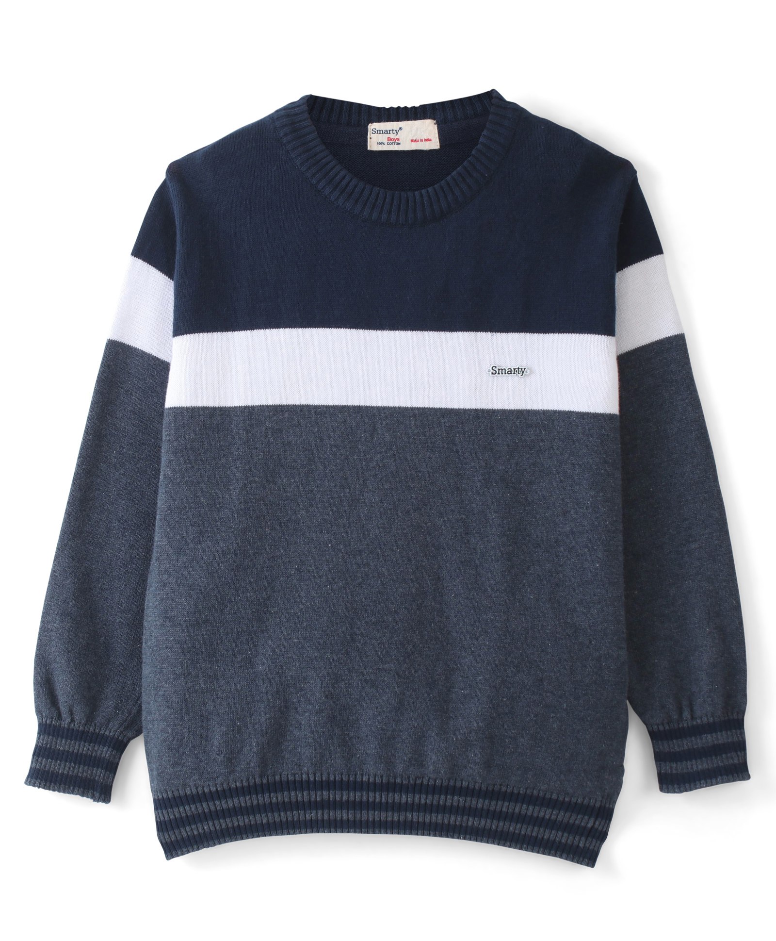 Smarty Boys 100% Cotton Full Sleeves Flat Knit Sweater with Striped Design - Blue-picture-21