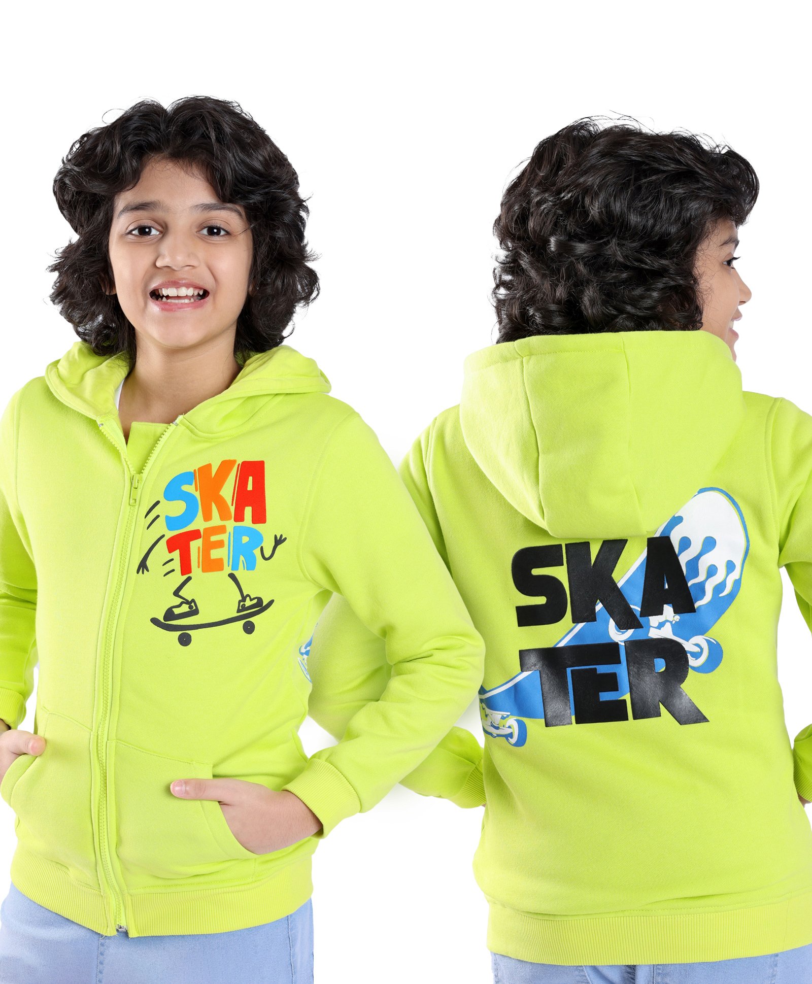 arias by lara dutta Arias Cotton Brushed Knit Full Sleeves Skates Printed Hooded Sweatshirt with Front Zipper & Kangaroo Pockets - Lime Green-picture-20