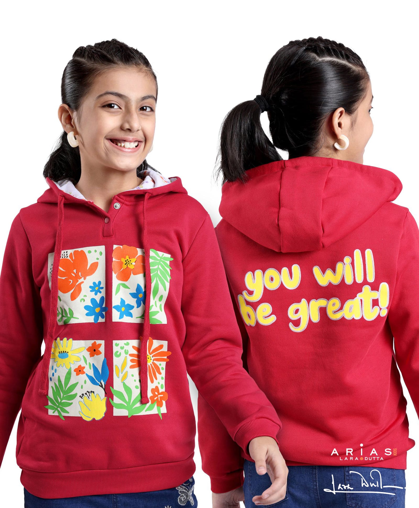arias by lara dutta Arias Cotton Knit Full Sleeves Hooded Sweatshirt With Floral Print - Red-picture-22