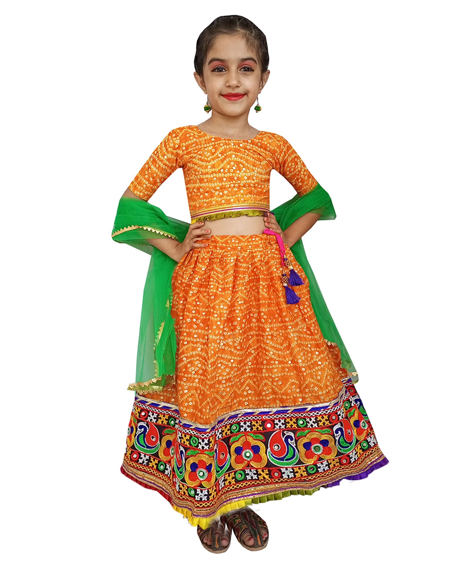 Aglare Navratri Theme Half Sleeves Bandhej Printed And Shisha Designed  Embroidered With Gota Patti Laced Embellished Lehenga Choli With Dupatta - Red-image-48