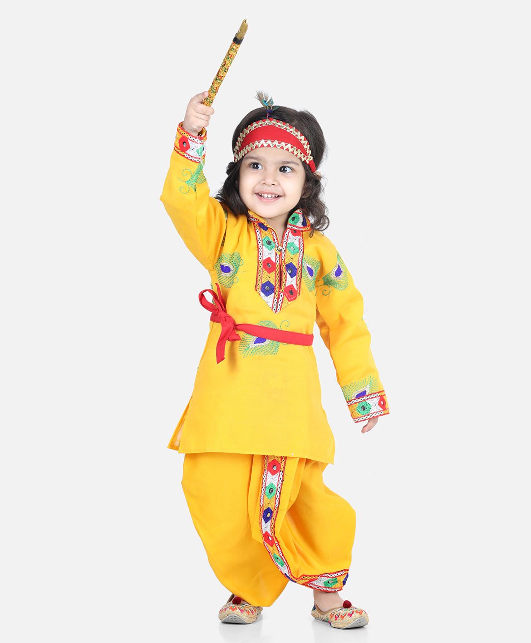 BownBee Janmashtami Theme Full Sleeves Peacock Feather Embroidered Kanhaiya Dhoti Kurta With Mukut Bansuri Belt - Yellow