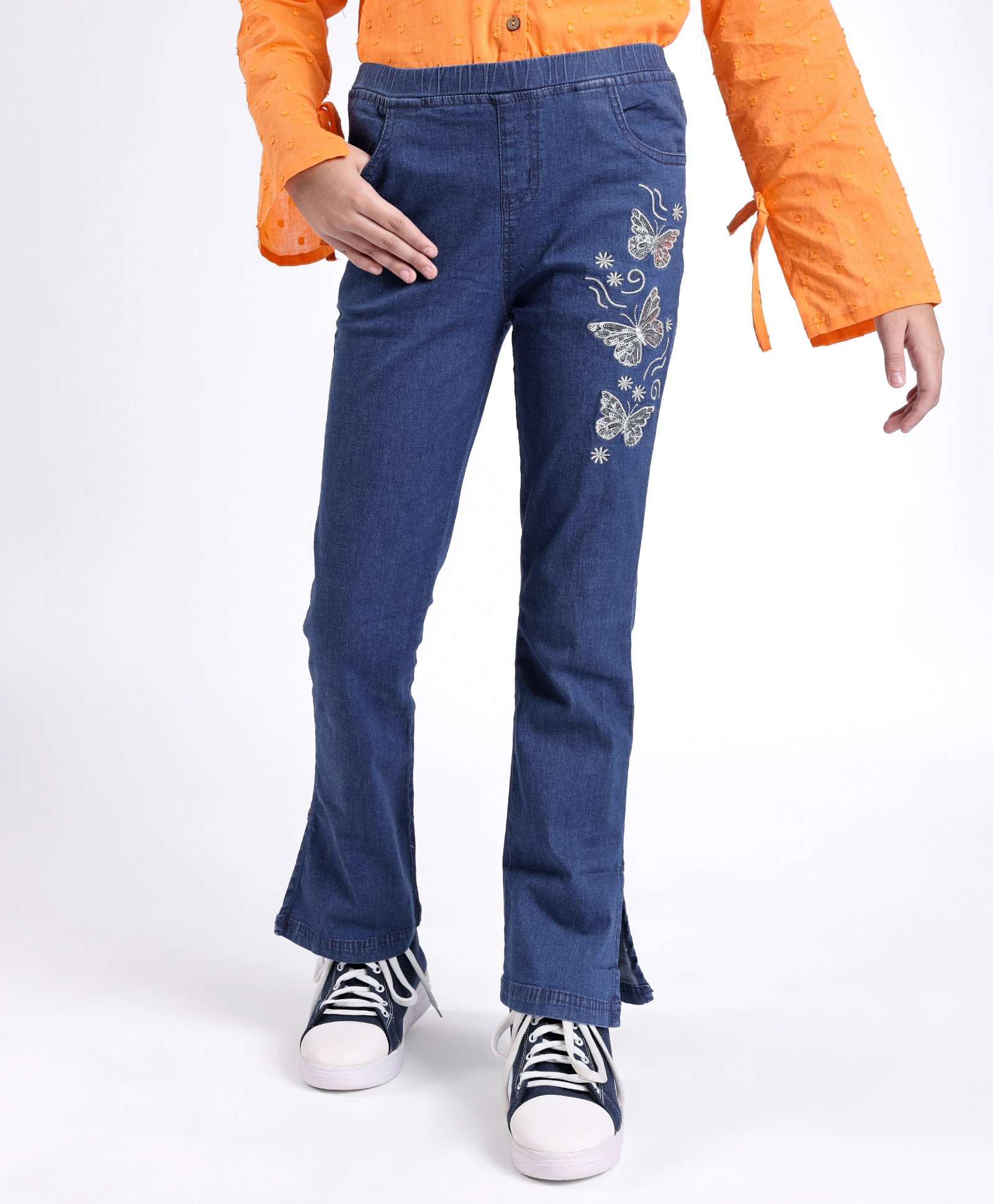 arias by lara dutta Arias Cotton Stretch Flared Fit Jeans with Sequence Embroidery Mid Washed - Blue-picture-26