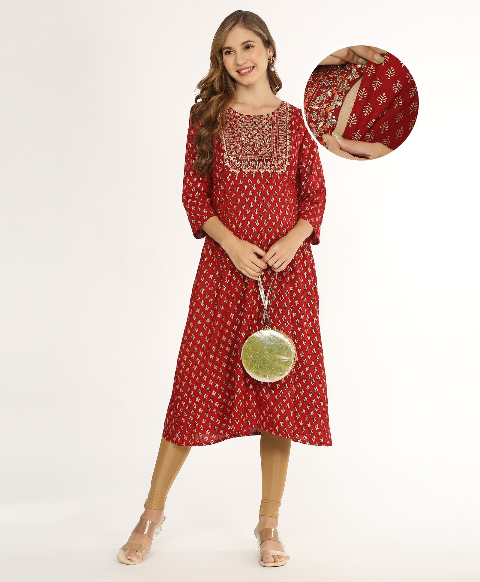 Bella Mama Three Fourth Sleeves Yoke Embroidered Maternity Kurta Gold Print - Red-image-46