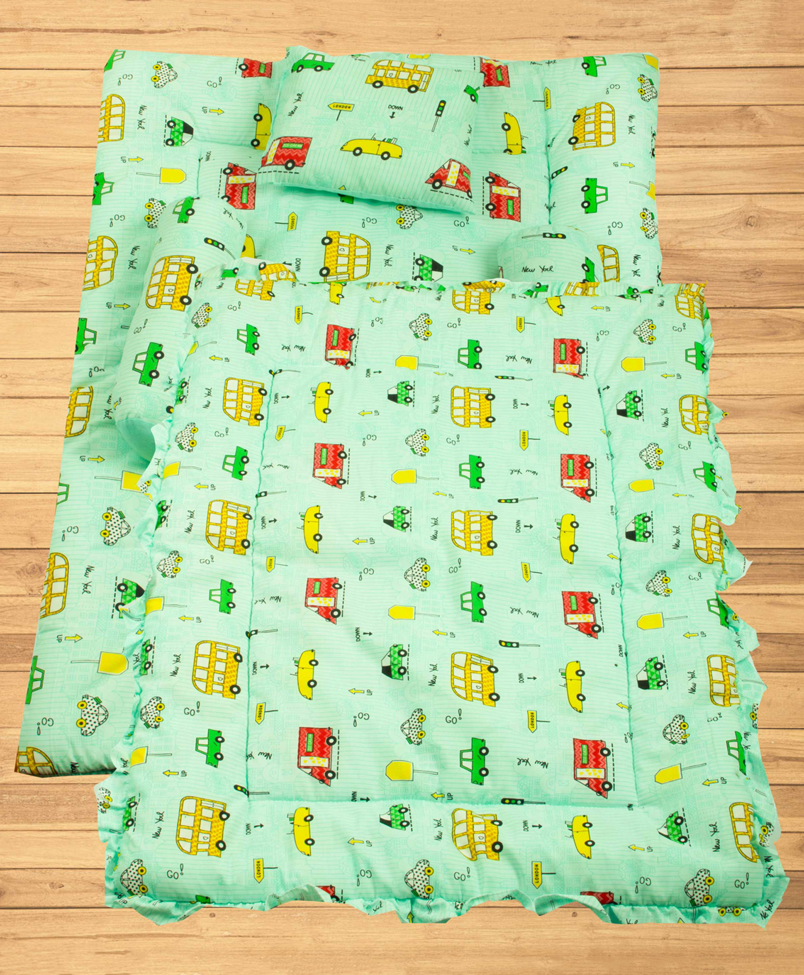 Mittenbooty Baby Quilt Bolster Bed Set cars Print-Green-picture-26