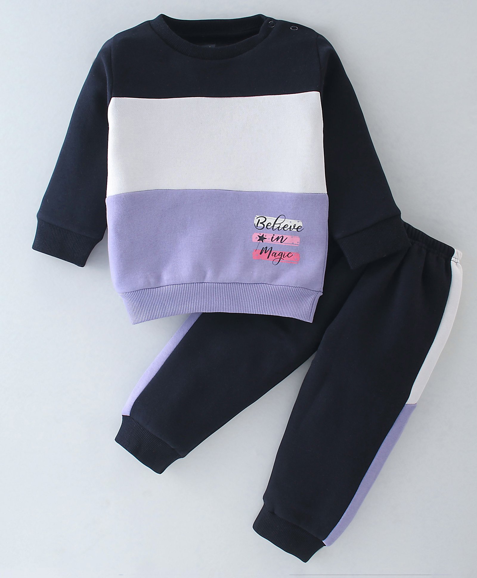 Pepito Cotton Fleece Knit Winter Full Sleeves T-Shirt & Joggers With Text Print - Purple Black & White-image-5