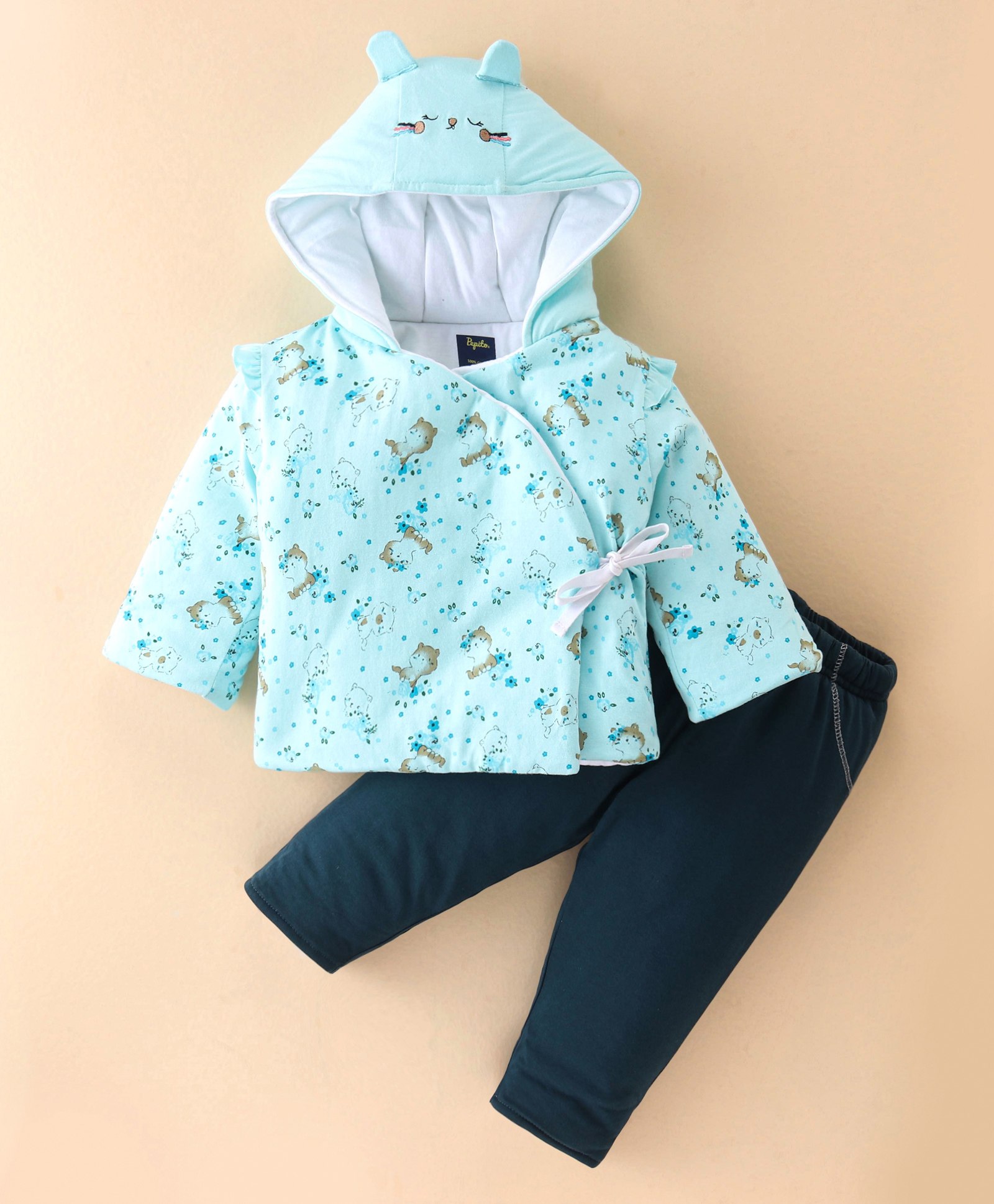 Pepito Cotton Knit Full Sleeves Quilted Hooded Winter Wear Suit Bear Print - Blue-picture-17