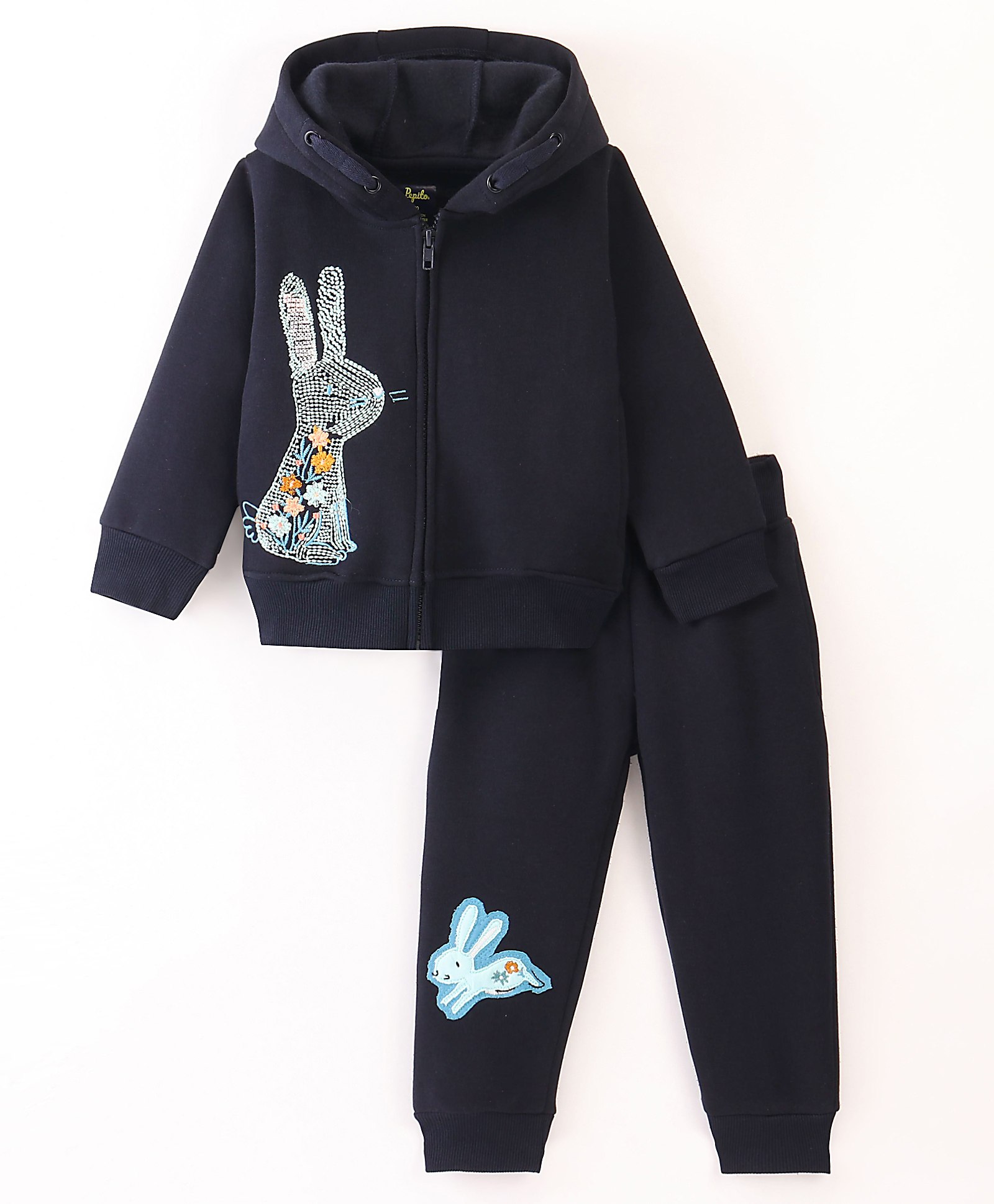 Pepito Fleece Full Sleeves Winter Wear Suit With Bunny Print & Embroidery - Navy Blue-image-37