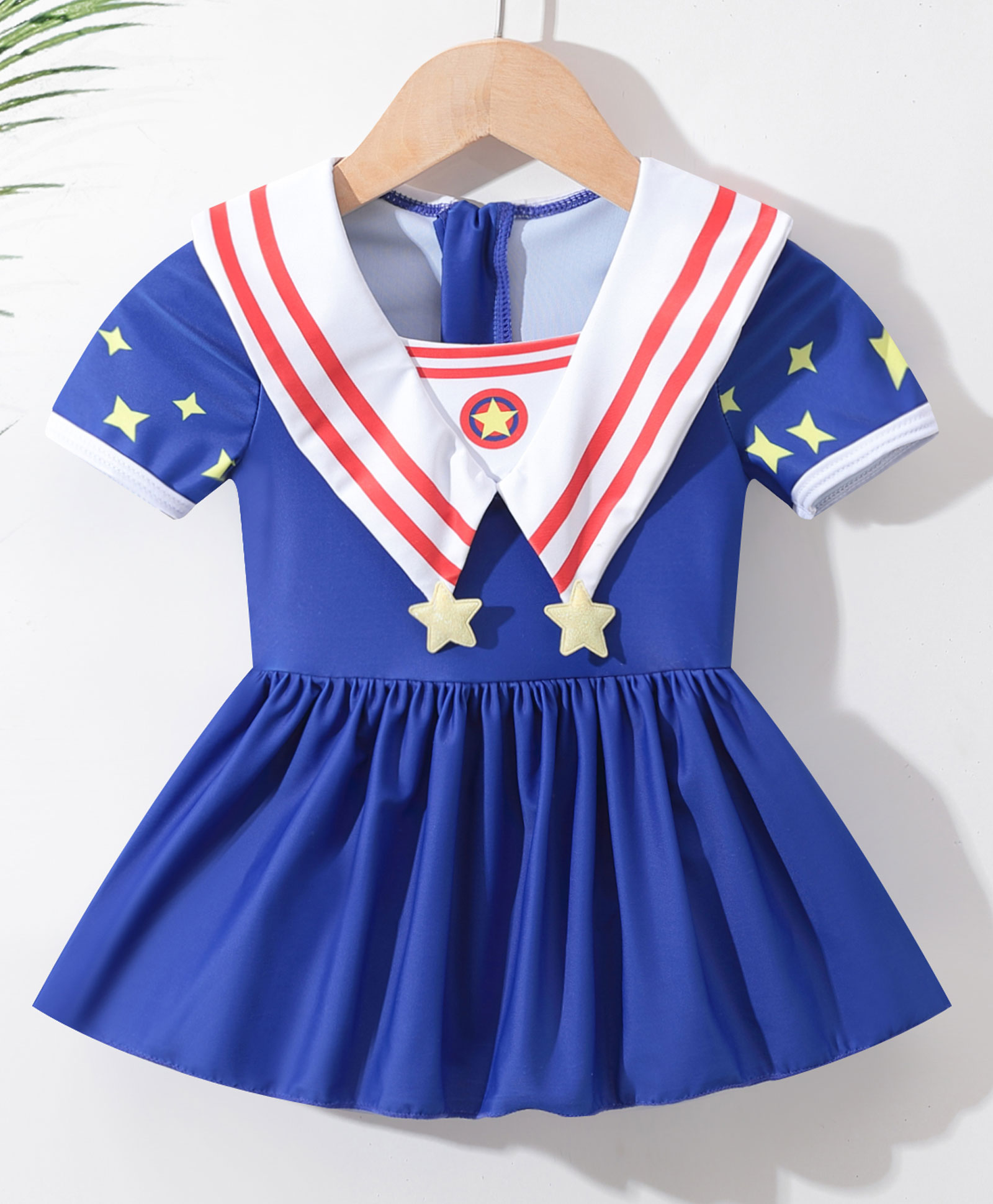 Babyhug Half Sleeves Frock Swimsuit Star Print & Applique - Blue-image-13